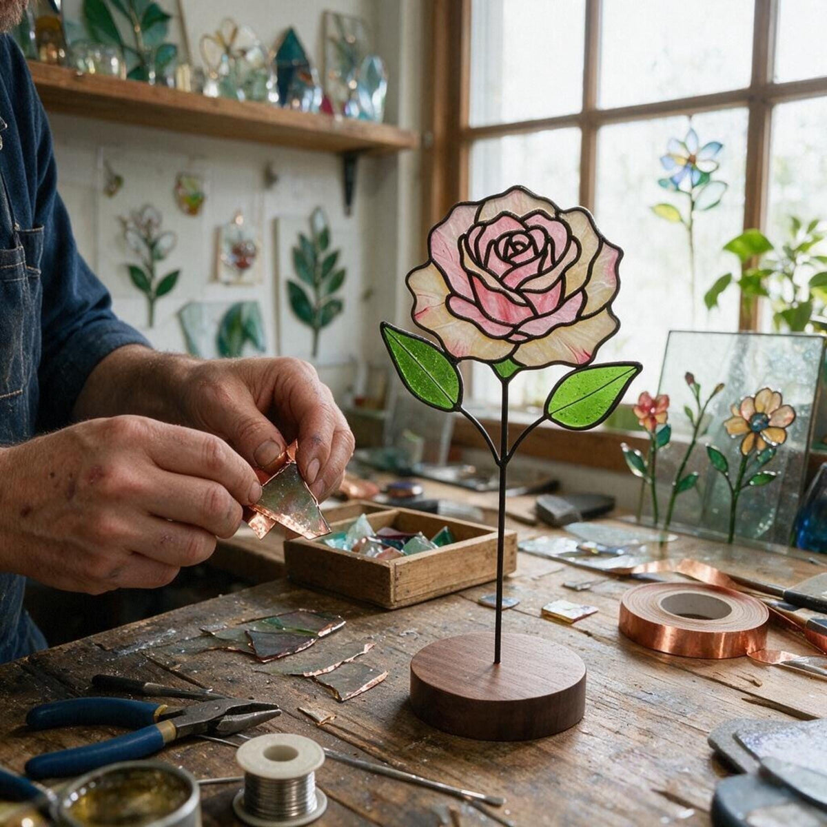 May include: A stained glass rose sculpture featuring soft pink and cream petals with two green leaves, mounted on a thin black metal stem and a circular wooden base. The flower is crafted with dark solder lines defining the petal shapes.