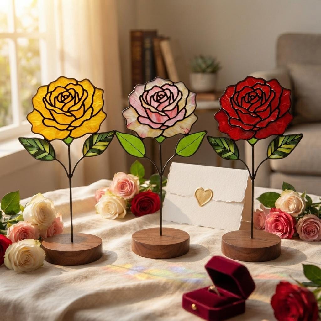 May include: Three stained glass rose sculptures in yellow, light pink, and red, each mounted on a circular wooden base with green glass leaves. The set is displayed alongside fresh roses and a white envelope with a gold heart seal.