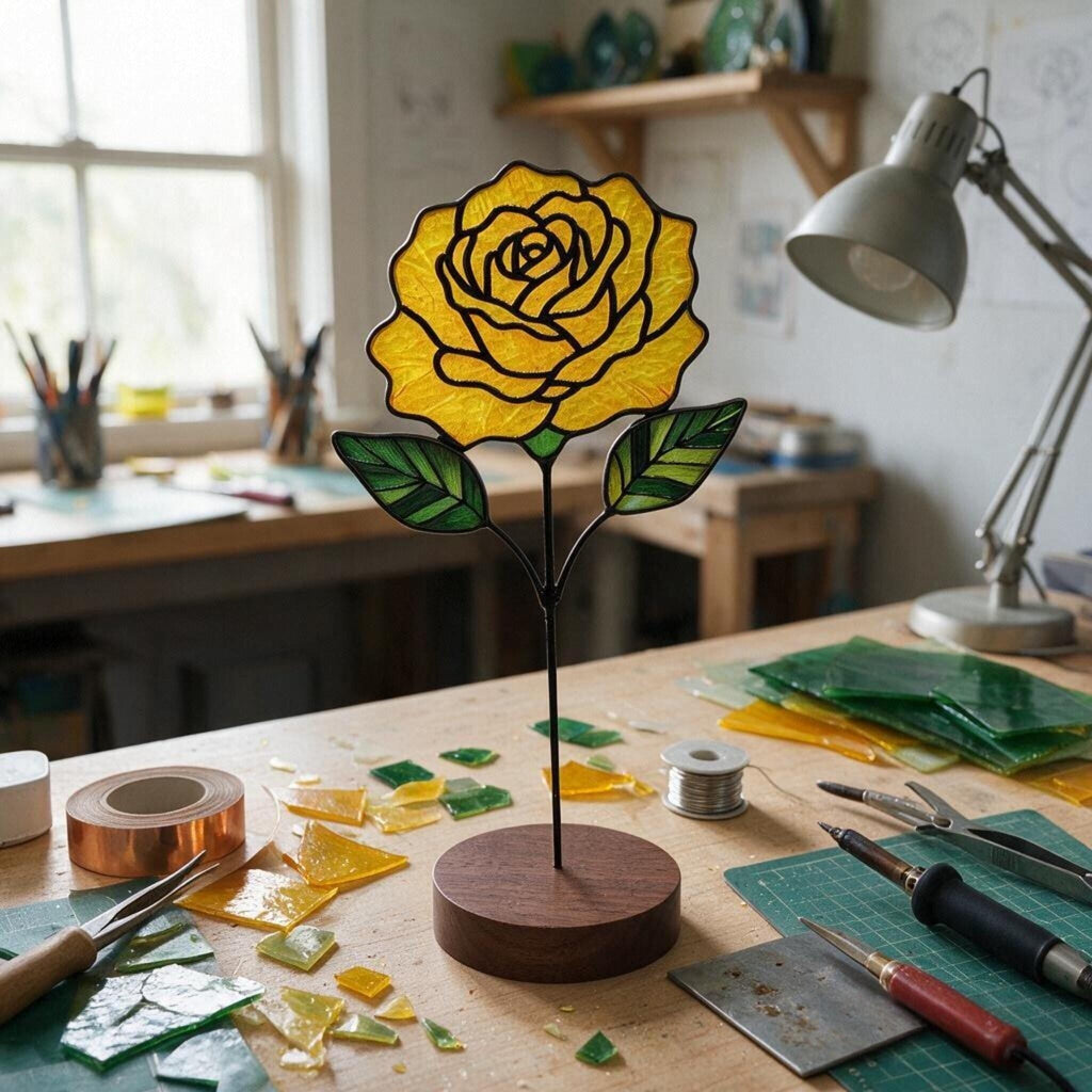 May include: A stained glass rose sculpture featuring a vibrant yellow flower head with black lead lines, two green leaves, and a thin black metal stem mounted on a circular dark brown wooden base, standing upright as a decorative art piece.