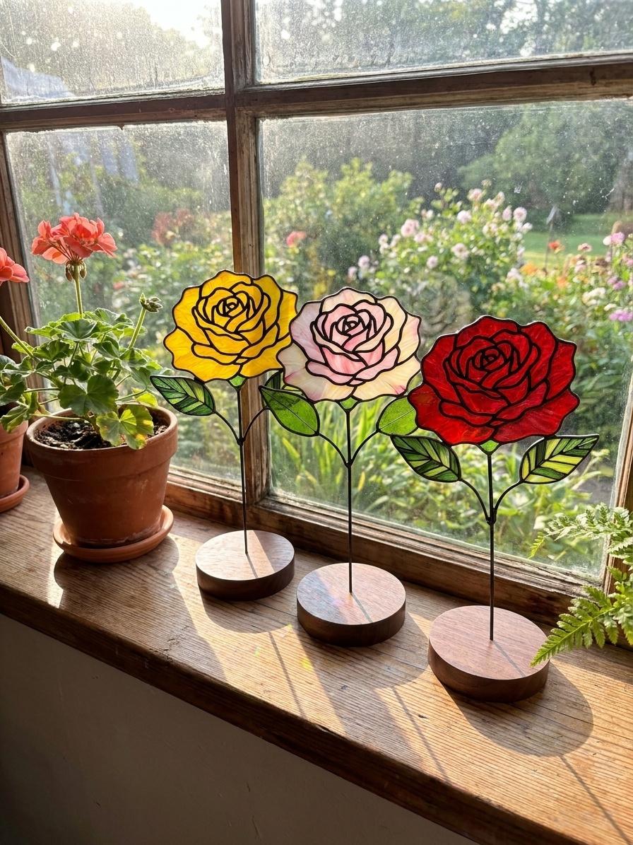 May include: Three stained glass rose sculptures in yellow, pale pink, and deep red. Each flower features dark metal outlines, green glass leaves, a thin metal stem, and a circular wooden base, displayed in a row on a wooden windowsill.