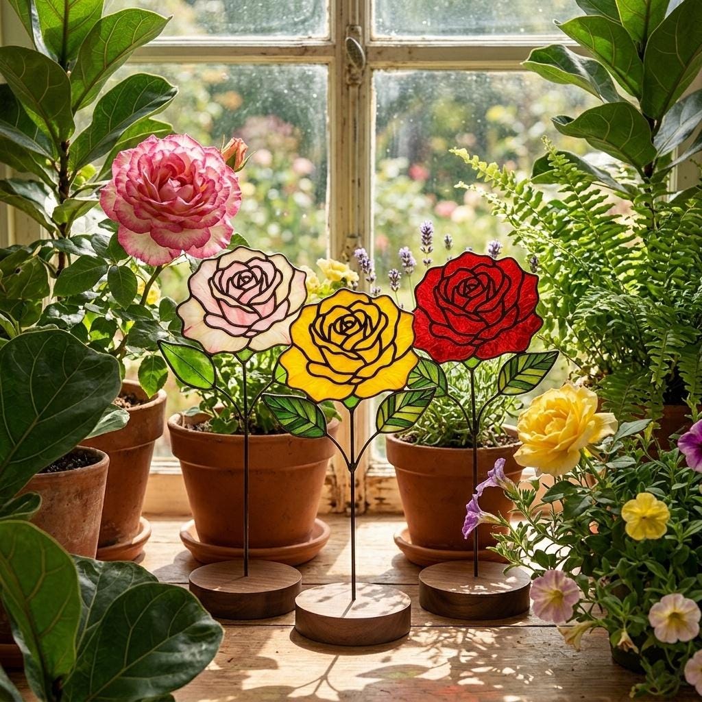 May include: Three stained glass rose ornaments on wooden bases, featuring one pale pink, one yellow, and one deep red rose. Each flower has black leaded outlines and green glass leaves, standing upright on circular wooden stands in front of a window.