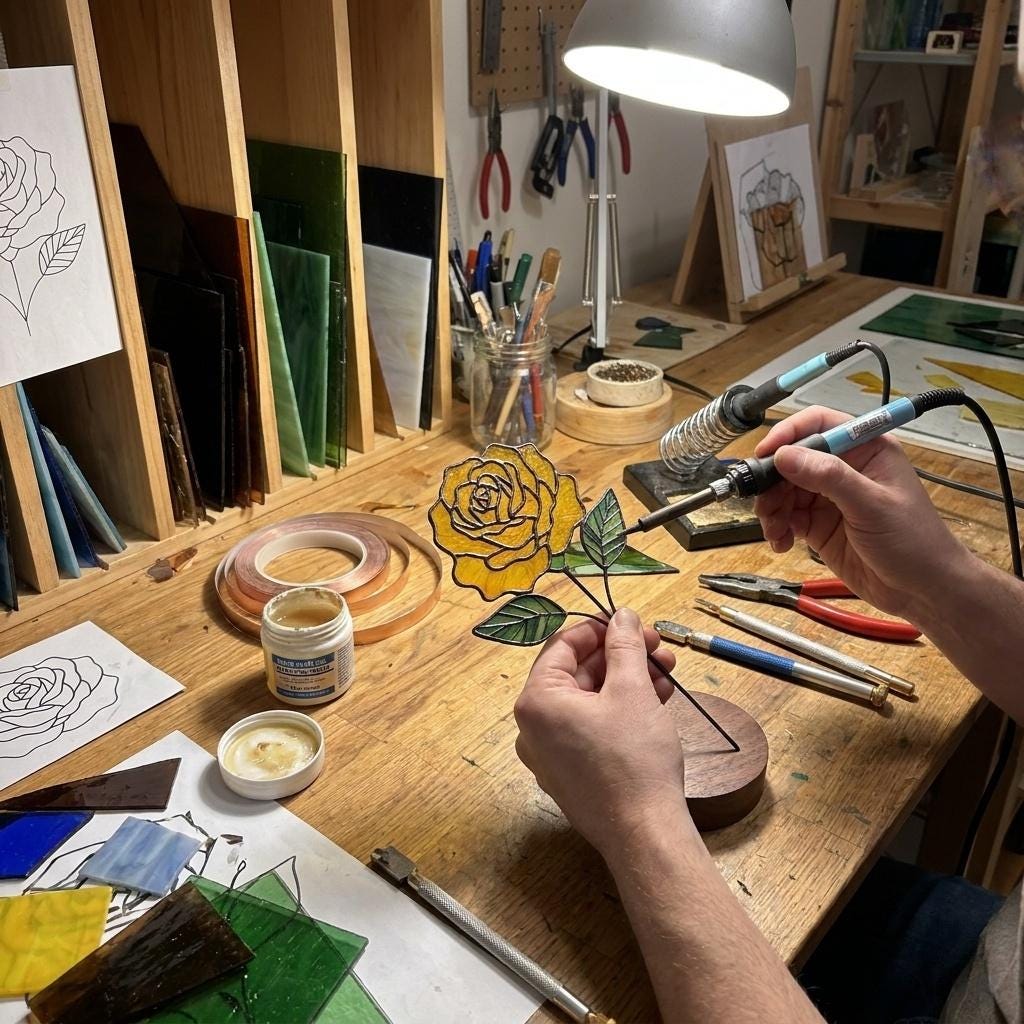 May include: A stained glass rose with yellow petals and green leaves being soldered on a wooden workbench. The workspace includes various glass sheets, a soldering iron, copper foil tape, flux, and metal tools for crafting glass art pieces.