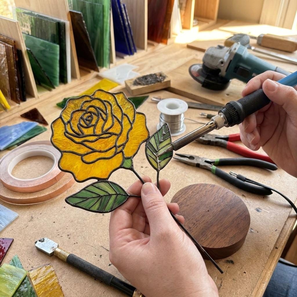 May include: A stained glass rose with a vibrant yellow flower and two green leaves, featuring dark soldered metal lines. A soldering iron is being used to join a green leaf to the stem, with various glass crafting tools visible nearby.