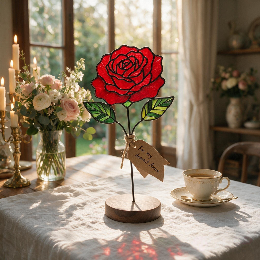 May include: A stained glass rose sculpture featuring a vibrant red flower head and green leaves, supported by a thin metal stem on a circular wooden base. A small tan paper tag tied with twine to the stem bears the handwritten text For my dearest Anna.
