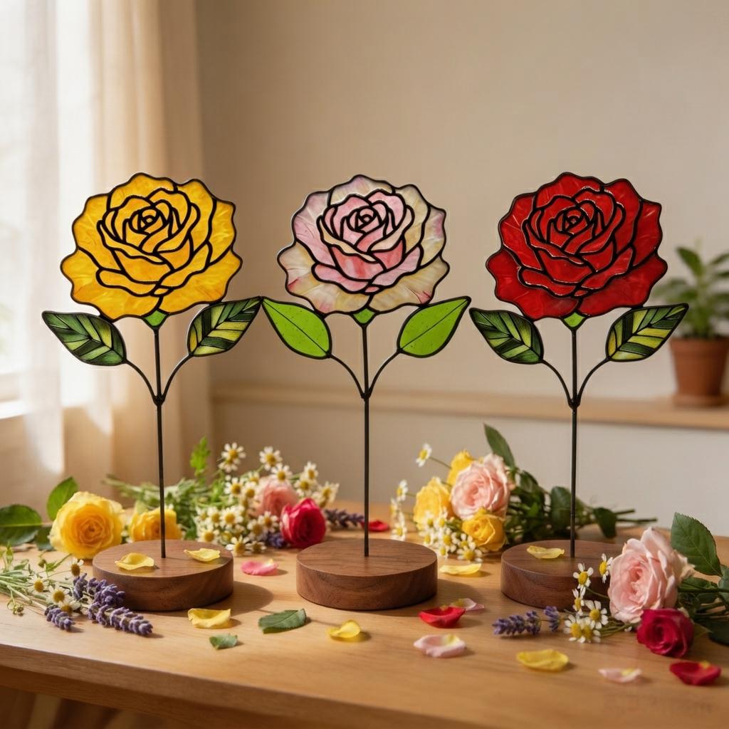 May include: Three stained glass rose sculptures on wooden bases. The left rose is yellow, the center rose is pale pink, and the right rose is red. Each flower features black metal outlines, green glass leaves, and a thin black metal stem.