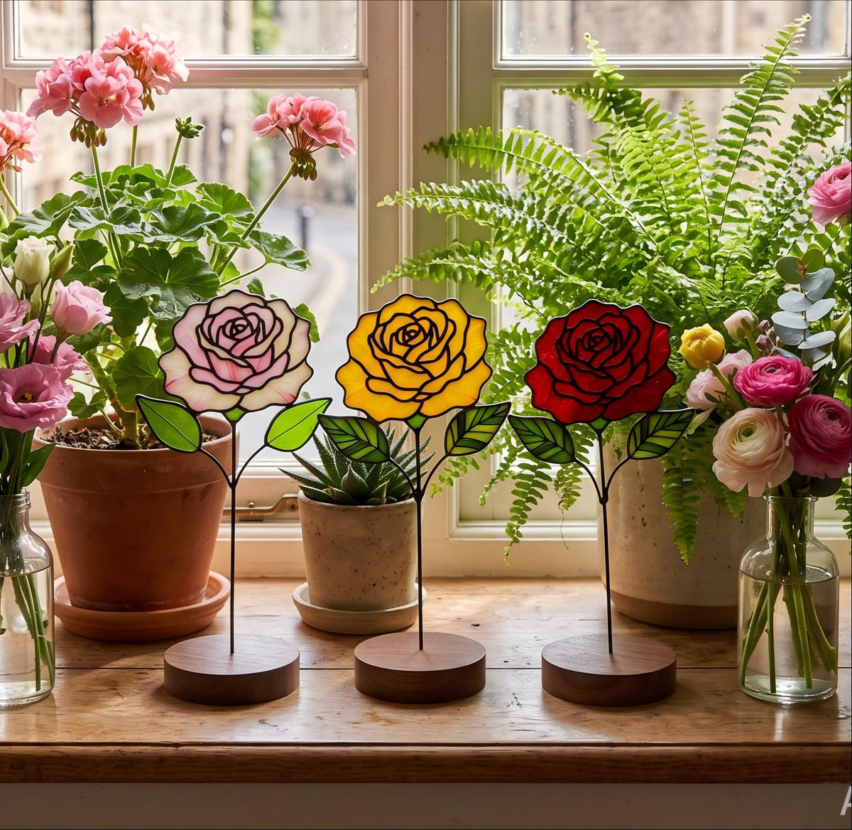 May include: Three stained glass rose ornaments on wooden bases, featuring one light pink, one yellow, and one red rose. Each flower has green glass leaves and a thin black metal stem, standing upright on a wooden surface near potted plants.