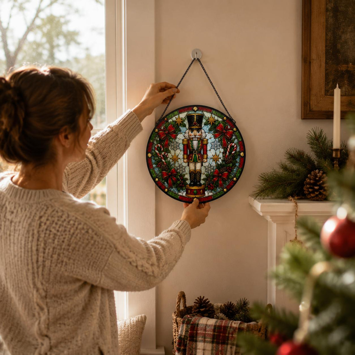 Woman hanging a round nutcracker Christmas stained glass suncatcher on a wall in a warmly decorated holiday home.