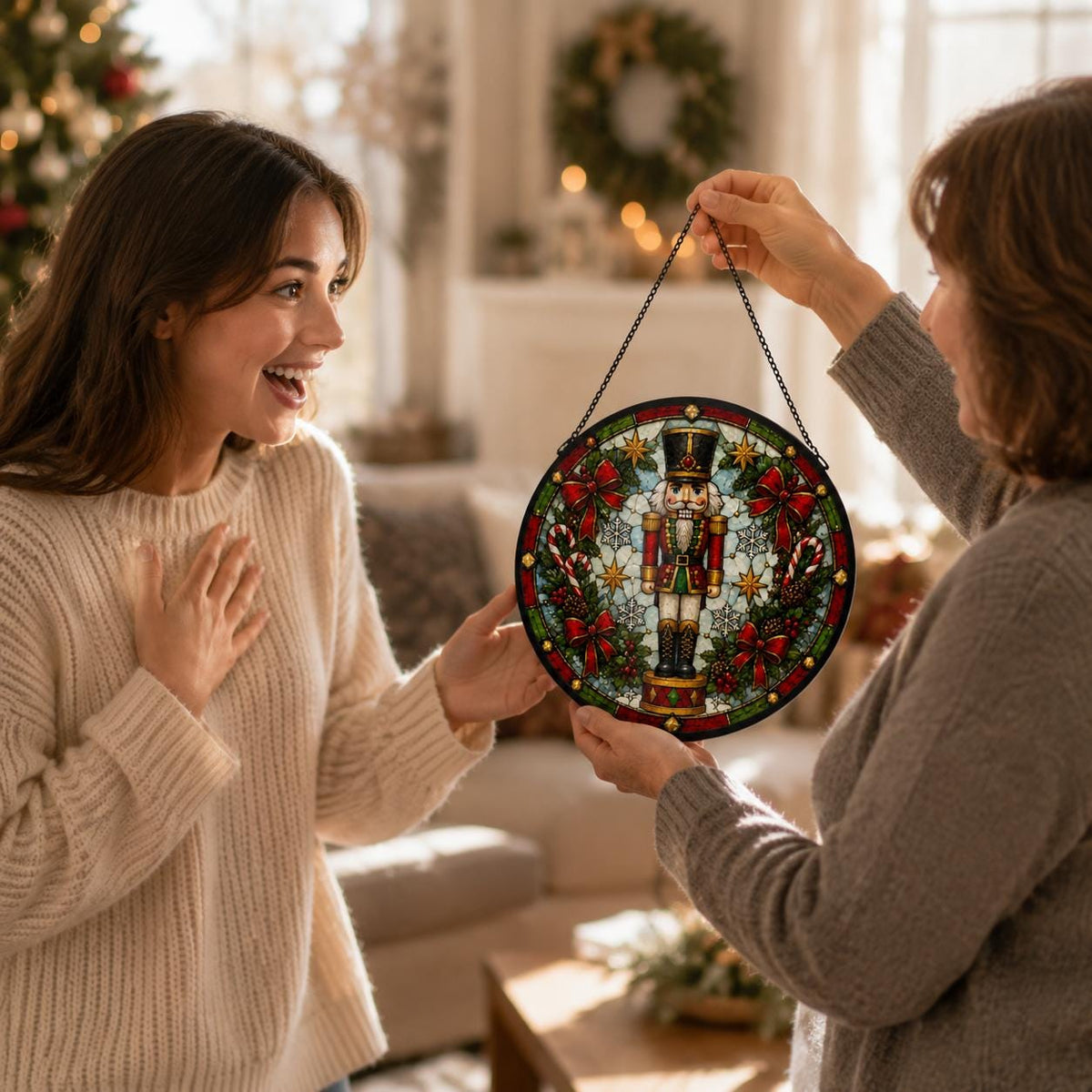 Woman receiving a nutcracker stained glass suncatcher as a Christmas gift in a warm holiday living room.