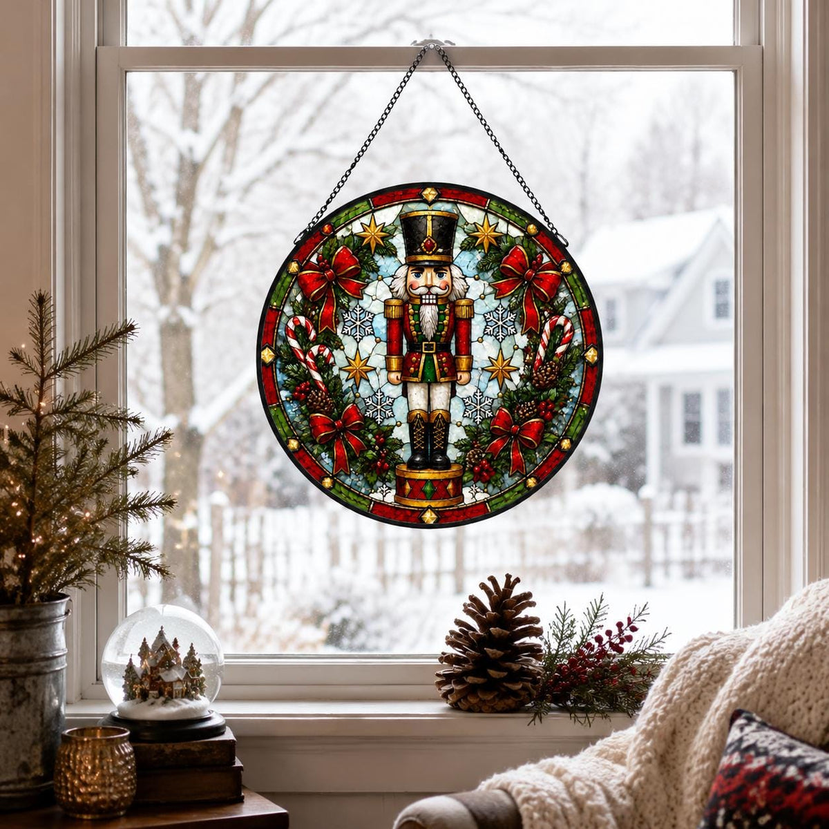 Nutcracker Christmas stained glass suncatcher hanging in a snowy window above pinecones and cozy winter home decor.