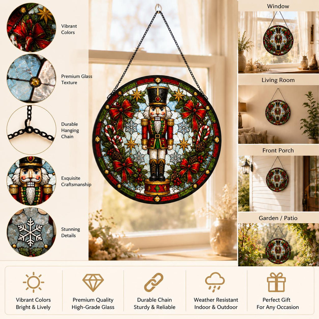 Product feature infographic for a nutcracker stained glass suncatcher with close-up details and window, living room, porch and garden displays.