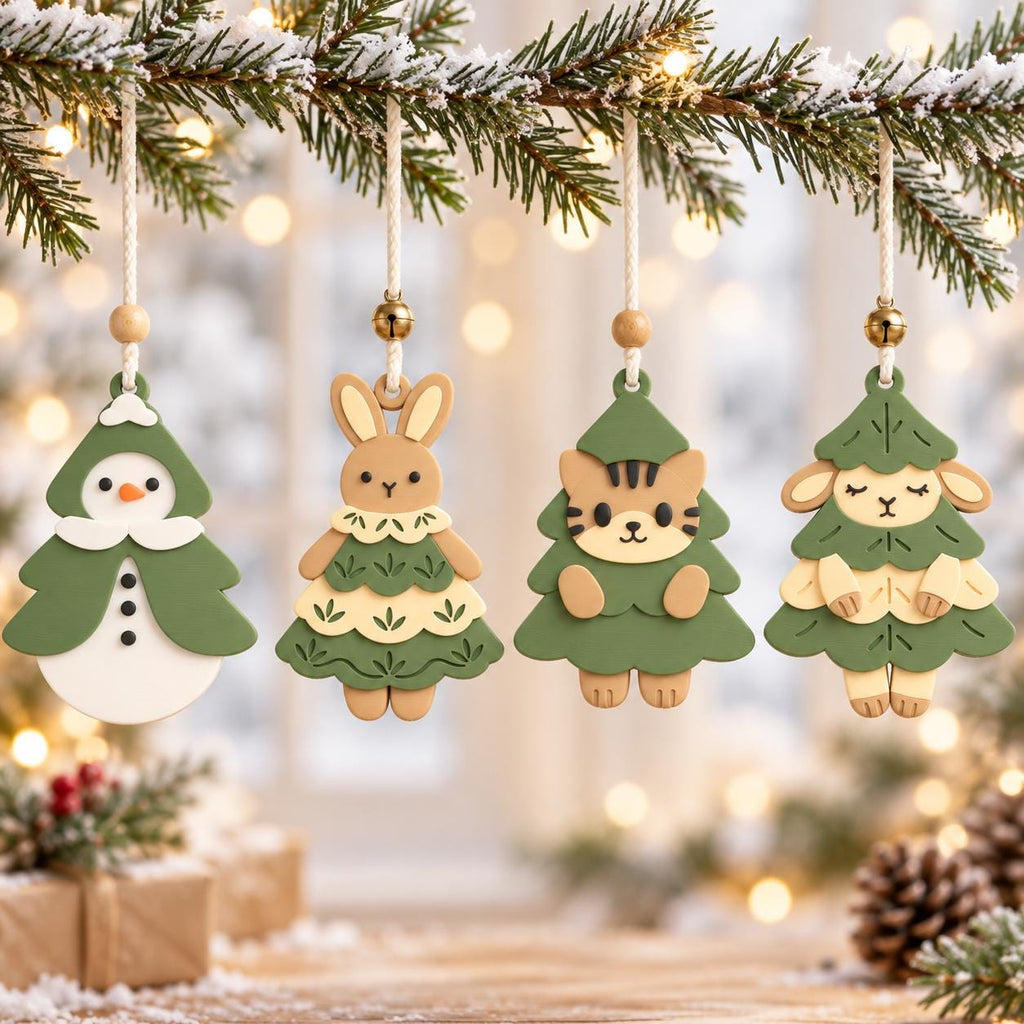 May include: Four hanging ornaments featuring a snowman, a rabbit, a cat, and a sheep, each wearing a green tree-shaped costume. The ornaments are crafted from smooth material in shades of green, cream, and brown, suspended by white cords with small bells.