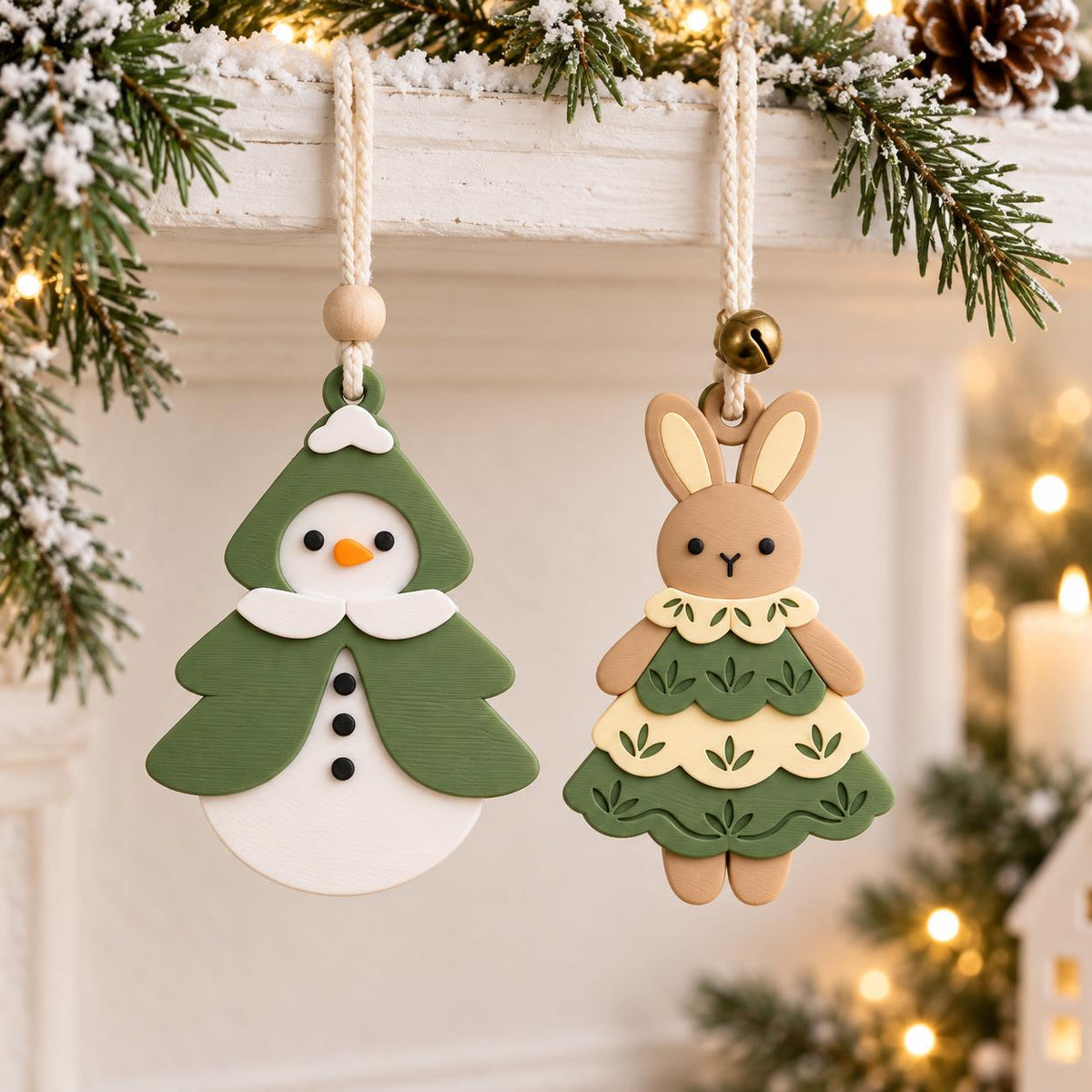 May include: Two hanging ornaments made of silicone. One is a white snowman wearing a green tree-shaped cloak with a small orange nose and black buttons. The other is a tan rabbit wearing a layered green and cream dress with a small metal bell.