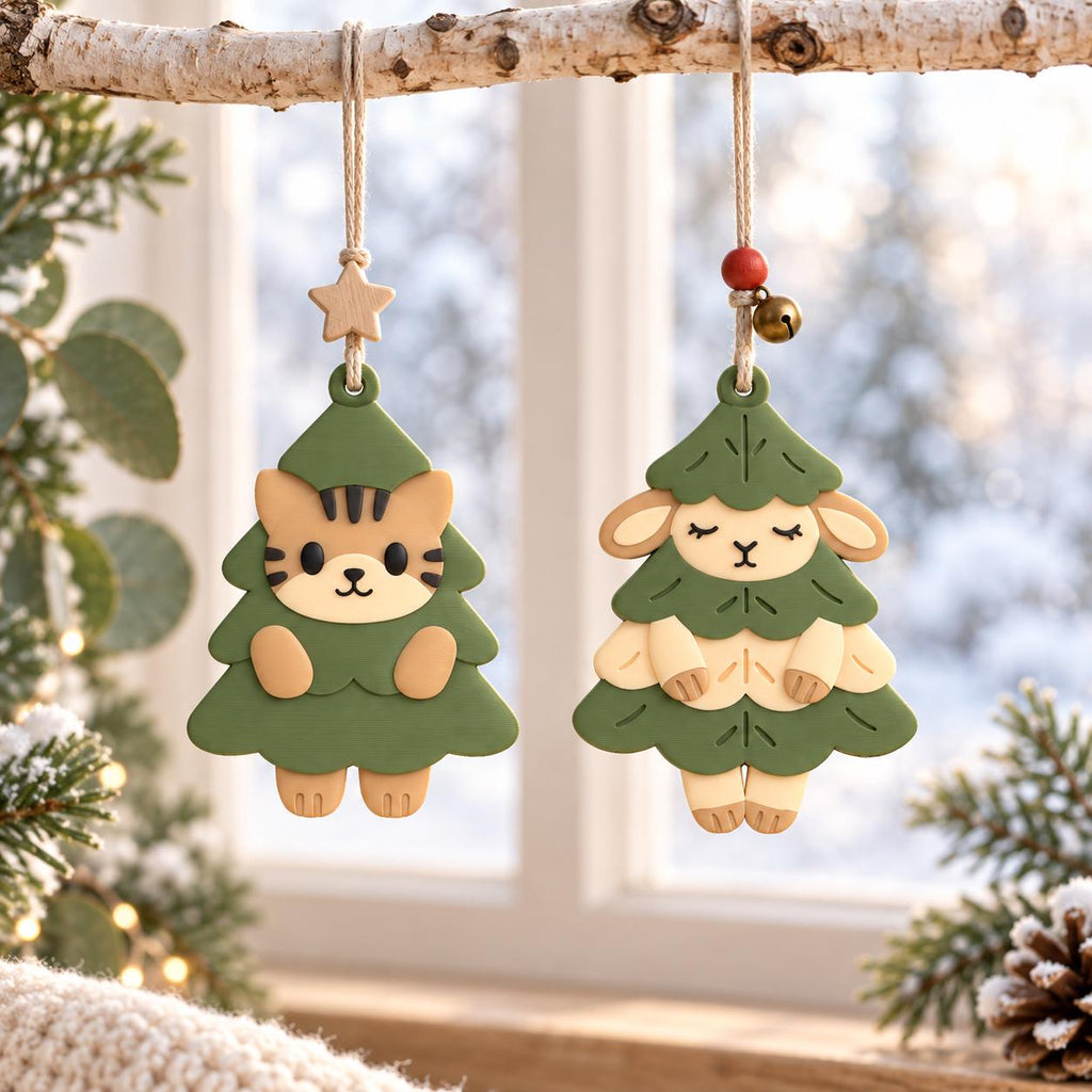 May include: Two hanging ornaments shaped like green Christmas trees. One features a tan cat with brown stripes peeking out, topped with a wooden star. The other features a tan sheep with closed eyes, accented by a small red bead and a gold bell.