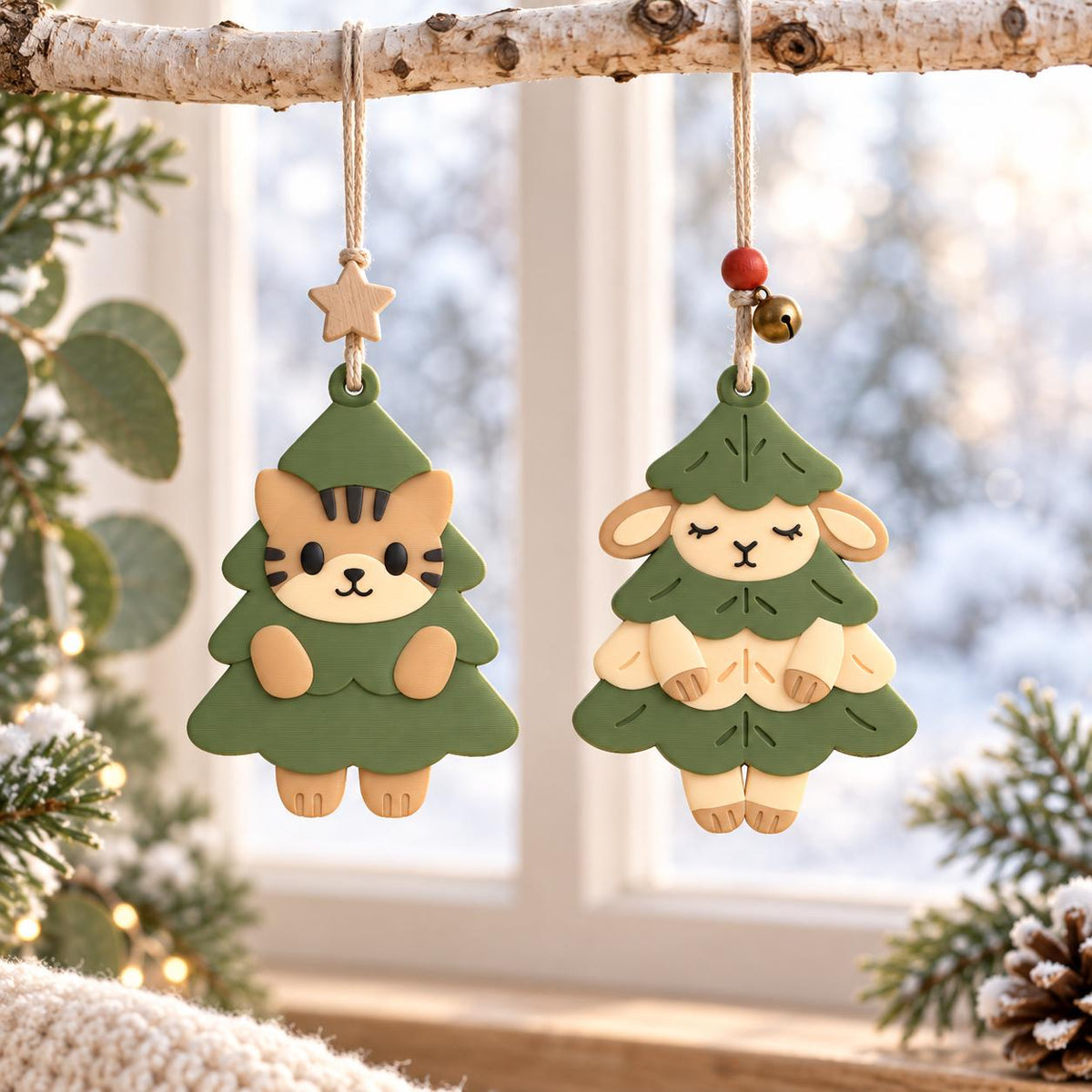 May include: Two hanging ornaments shaped like green Christmas trees. One features a tan cat with brown stripes peeking out, topped with a wooden star. The other features a tan sheep with closed eyes, accented by a small red bead and a gold bell.