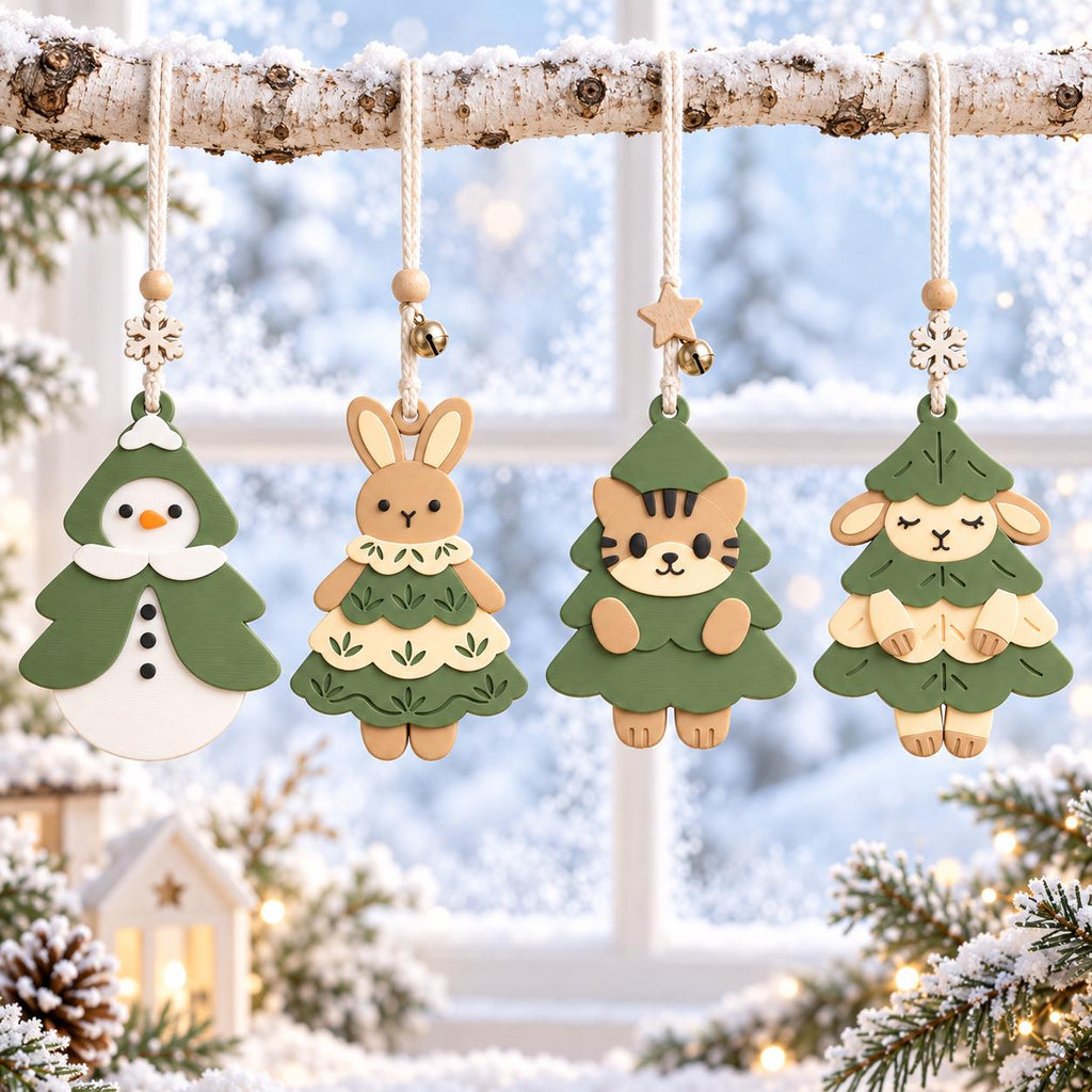 May include: Four hanging ornaments featuring a snowman, a rabbit, a cat, and a sheep, each wearing a green tree-shaped costume. The ornaments are suspended by white cords with small wooden beads, snowflake or star accents, and tiny metal bells.