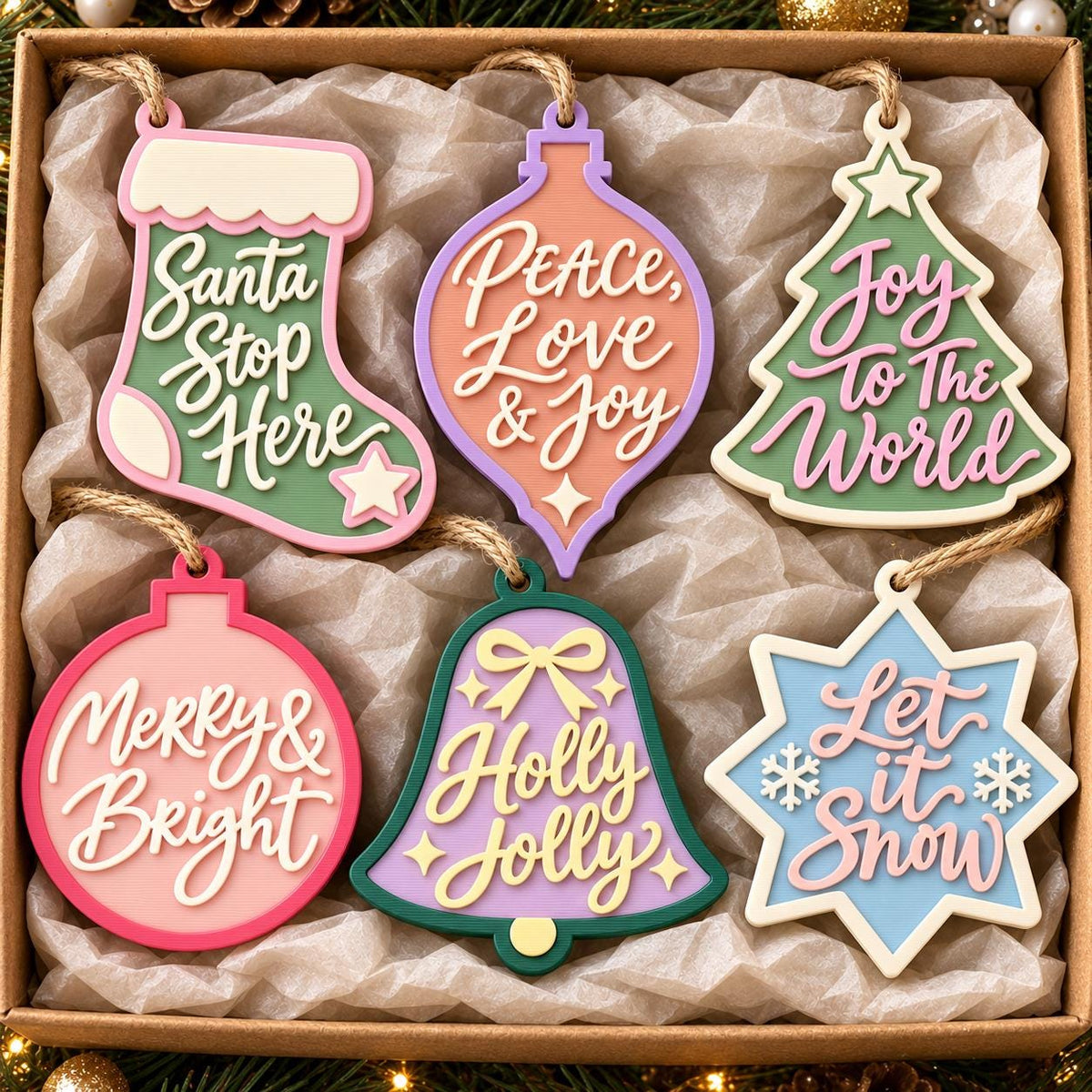 May include: A set of six wooden Christmas ornaments in a box, featuring shapes like a stocking, bauble, tree, bell, and star. Each ornament is painted in pastel colors with raised white or pink lettering that reads Santa Stop Here, Peace, Love & Joy, Joy to the World, Merry & Bright, Holly Jolly, and Let it Snow.