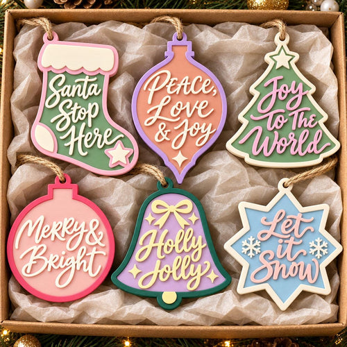 May include: A set of six wooden Christmas ornaments in a box, featuring shapes like a stocking, bauble, tree, bell, and star. Each ornament is painted in pastel colors with raised white or pink lettering that reads Santa Stop Here, Peace, Love & Joy, Joy to the World, Merry & Bright, Holly Jolly, and Let it Snow.