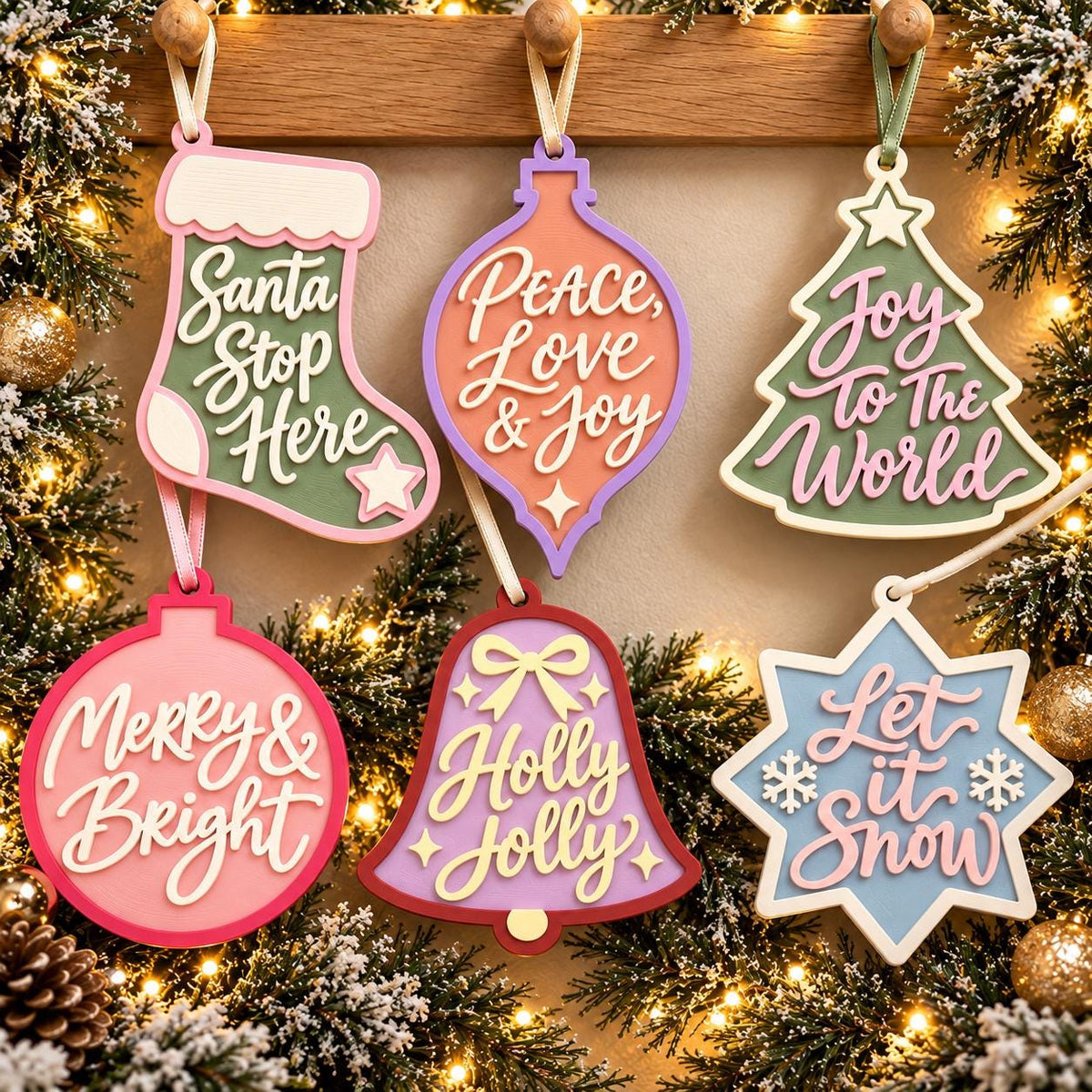 May include: Six layered wooden Christmas ornaments in pastel colors. Shapes include a stocking with 'Santa Stop Here', a bauble with 'Peace, Love & Joy', a tree with 'Joy to the World', a circle with 'Merry & Bright', a bell with 'Holly Jolly', and a star with 'Let it Snow'.