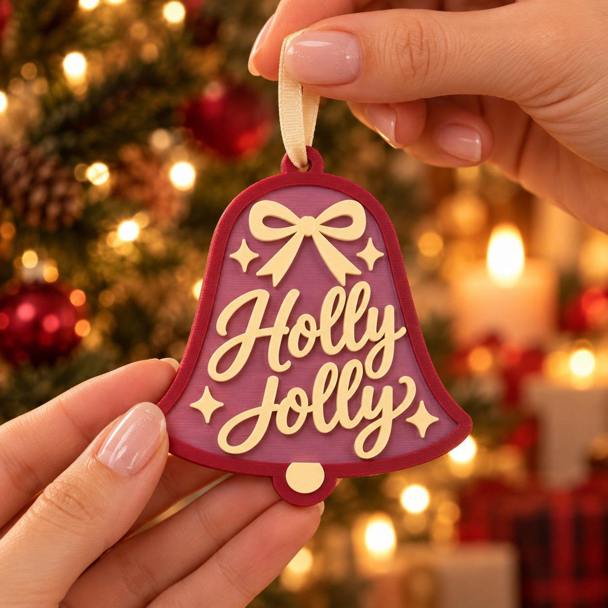 May include: A bell-shaped Christmas ornament featuring a deep red outer border and a purple center. The ornament displays the text "Holly Jolly" in cream-colored script lettering, accented by a cream bow and four-pointed star icons.