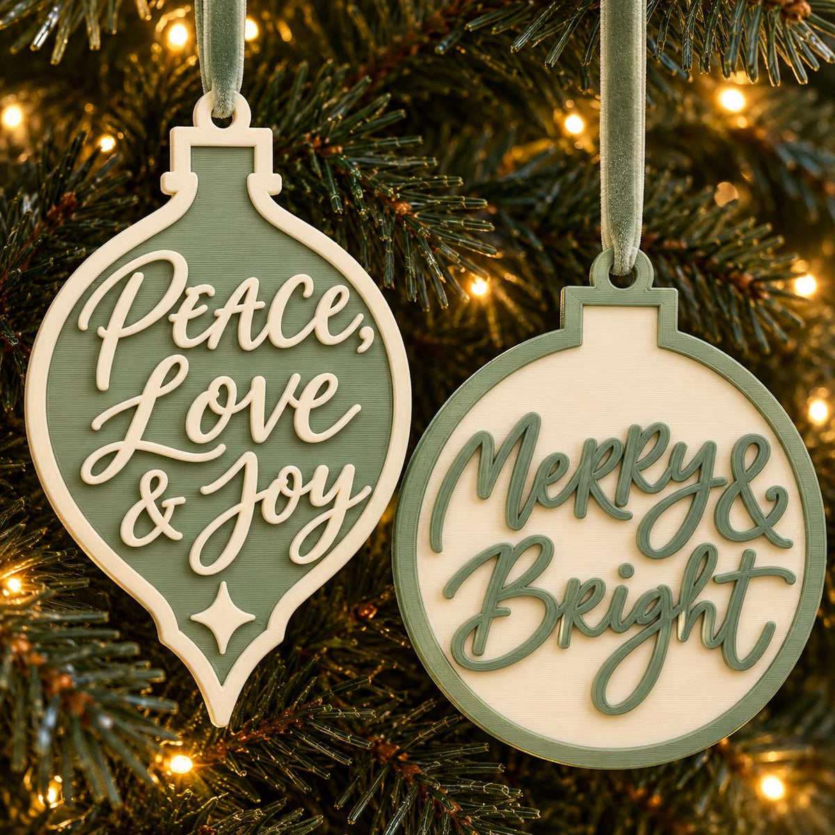 May include: Two layered wooden Christmas ornaments with sage green and cream finishes. One teardrop-shaped ornament features the text "Peace, Love & Joy" with a small star icon. The round ornament features the text "Merry & Bright" in script.