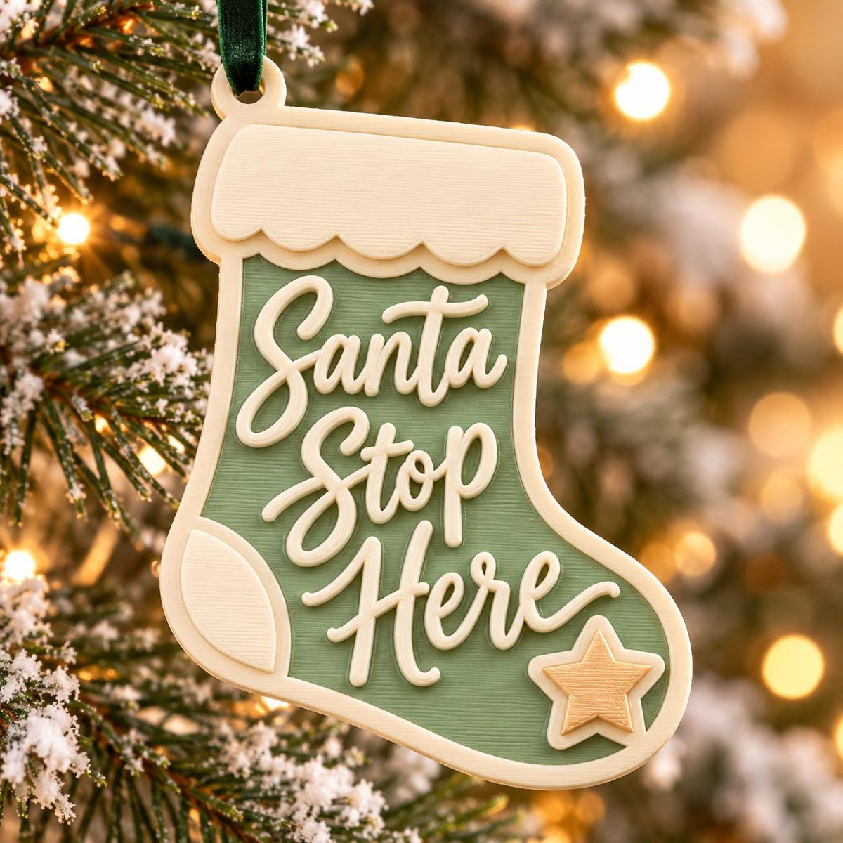 May include: A sage green Christmas stocking ornament with a cream-colored cuff and border. The text "Santa Stop Here" is embossed in cream lettering across the center, and a small cream star is positioned at the bottom right of the stocking.
