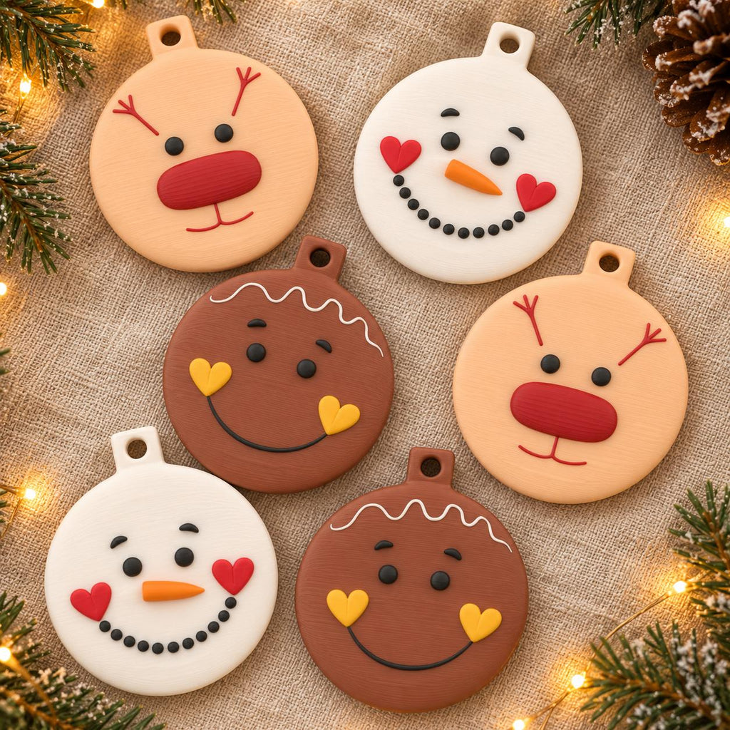 May include: Six circular flat ornaments featuring holiday characters. Two tan reindeer with red noses, two white snowmen with orange carrot noses and heart cheeks, and two brown gingerbread figures with yellow heart cheeks and white icing details.