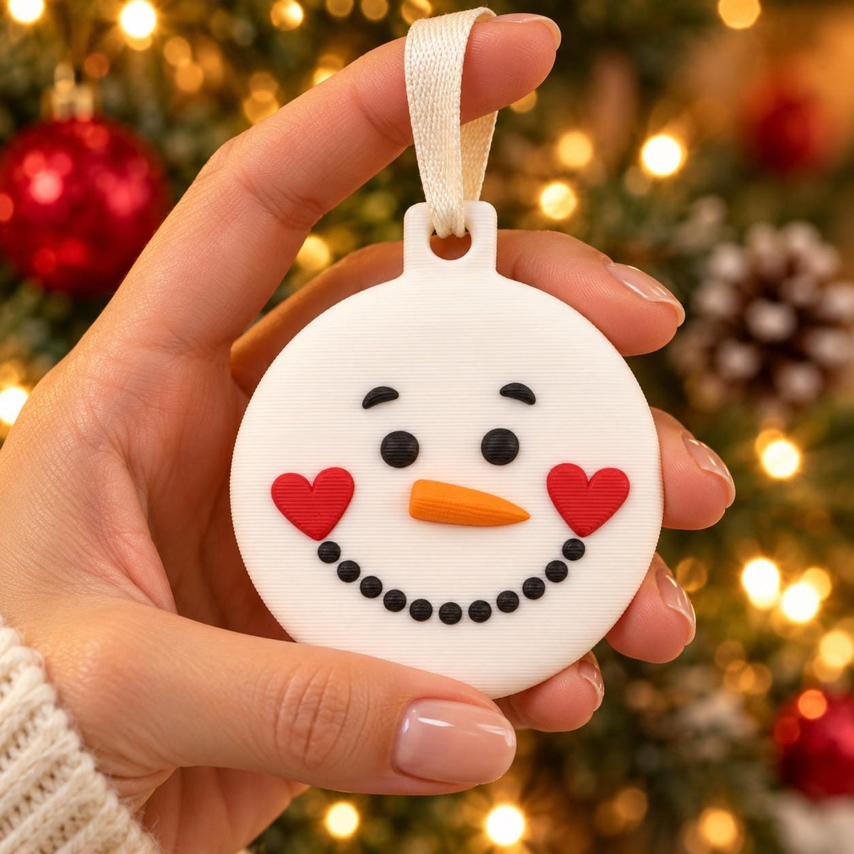 May include: A circular white ornament featuring a snowman face with black eyes and eyebrows, a small orange carrot nose, two red heart-shaped cheeks, and a curved mouth made of black dots. The ornament includes a cream-colored fabric ribbon loop.