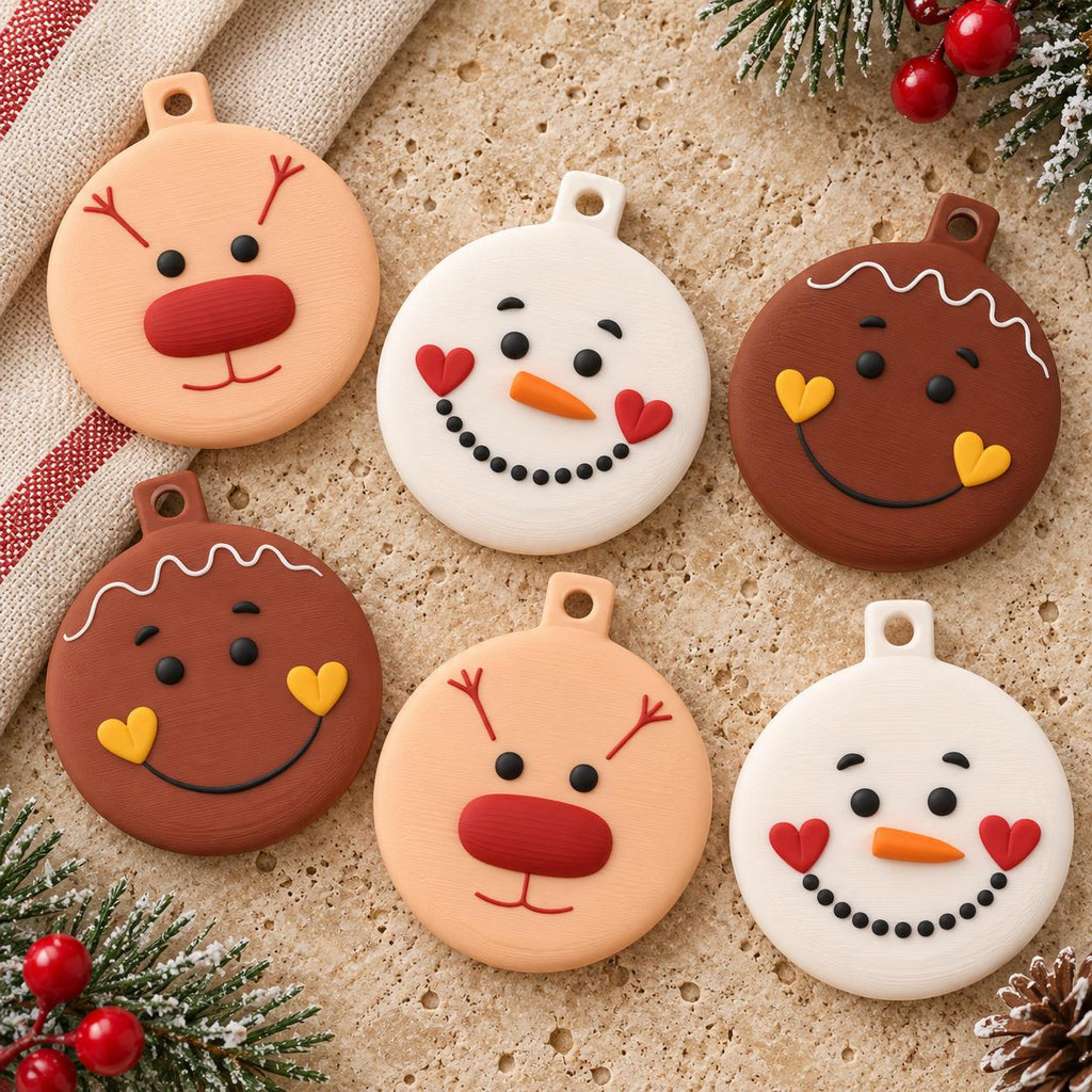 May include: Six circular flat ornaments featuring festive characters. Two are light tan reindeer with red noses, two are white snowmen with orange carrot noses and heart-shaped cheeks, and two are brown gingerbread faces with yellow heart cheeks.