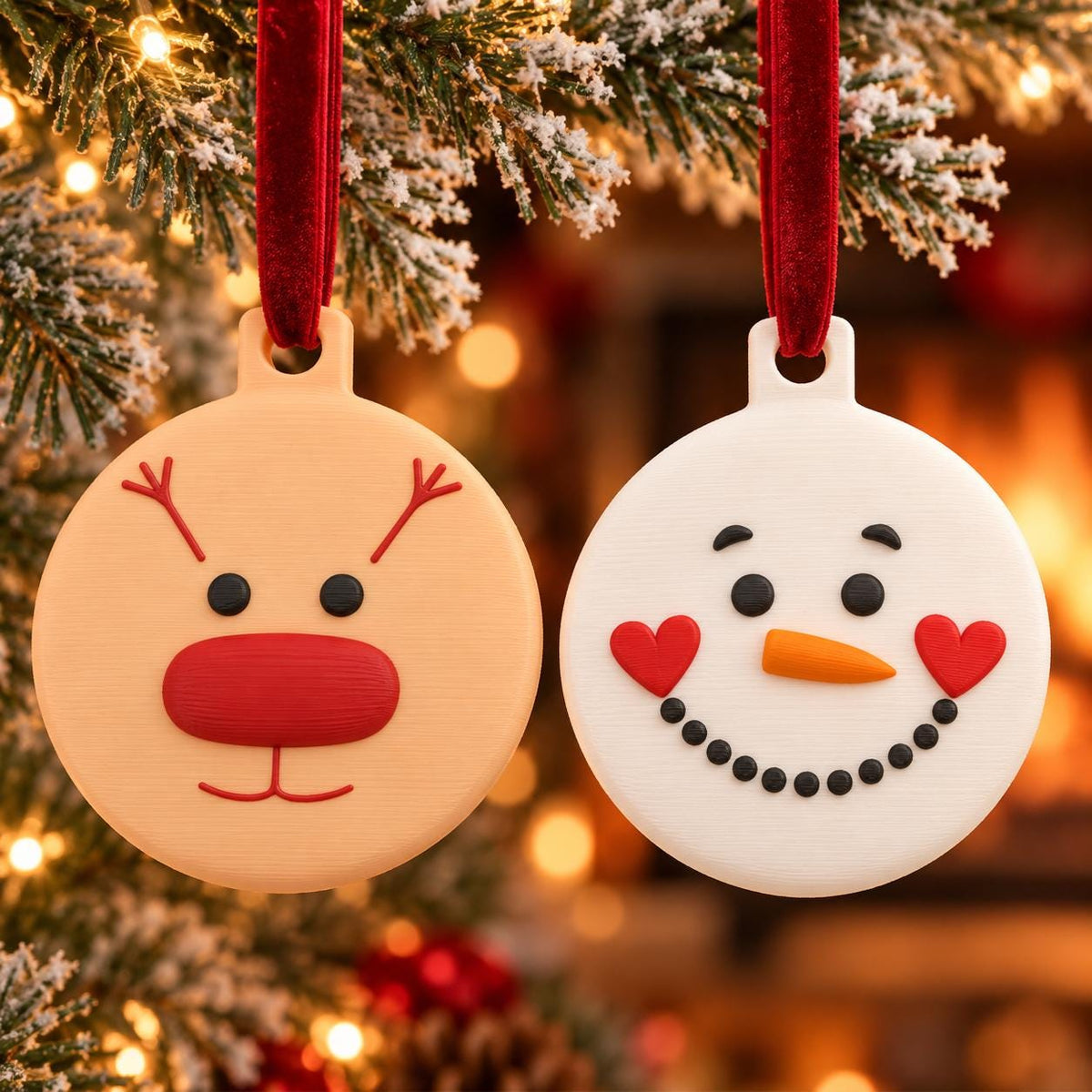 May include: Two circular flat ornaments hanging from red velvet ribbons. The left ornament is light tan with a reindeer face featuring black eyes, a large red nose, and red antlers. The right ornament is white with a snowman face, black eyes, a carrot nose, red heart-shaped cheeks, and a black dotted smile.