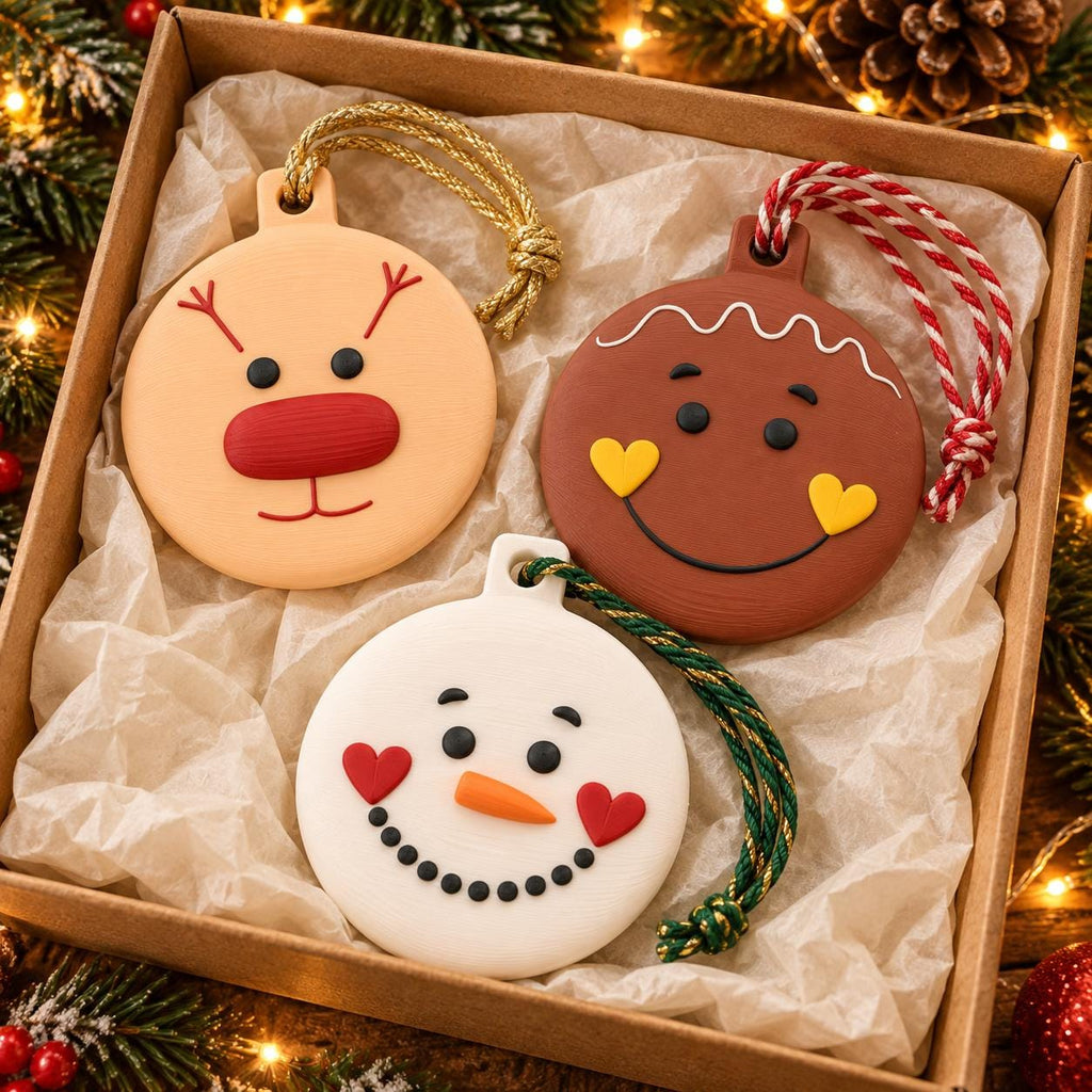 May include: Three round holiday ornaments in a box. One is a light tan reindeer with a red nose and gold cord. One is a brown gingerbread person with yellow heart cheeks and a red and white cord. One is a white snowman with red heart cheeks and a green cord.