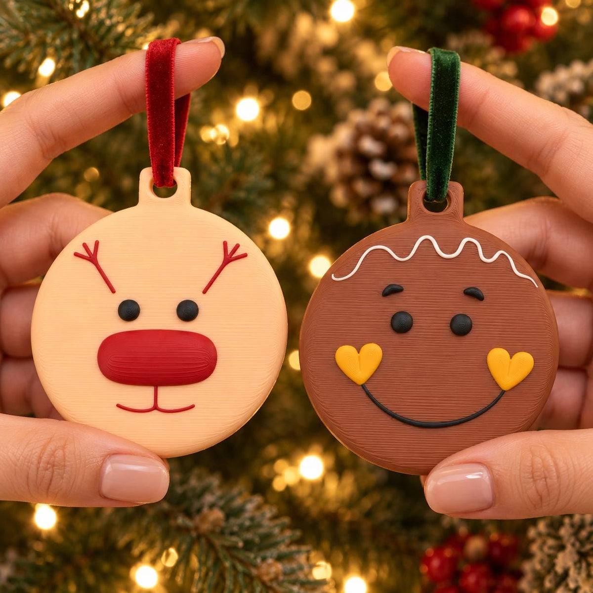 May include: Two round holiday ornaments featuring character faces. The left ornament is light beige with a red nose and antlers. The right ornament is brown with white icing details, black eyes, and yellow heart-shaped cheeks. Both have velvet ribbons.