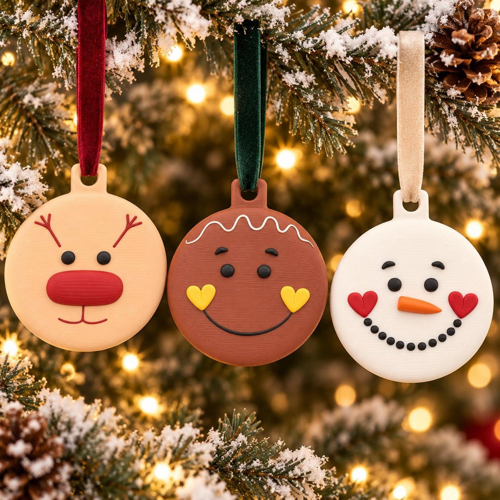May include: Three round holiday ornaments featuring a reindeer with a red nose, a brown gingerbread person with yellow heart cheeks, and a white snowman with a carrot nose and heart cheeks, each hanging from a colored velvet ribbon loop.