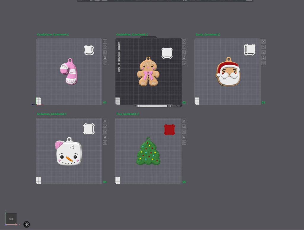 May include: A digital interface displaying five holiday-themed ornaments: a pink and white candy cane, a tan gingerbread person with a pink bow, a Santa Claus face, a white snowman with an orange nose, and a green Christmas tree with colorful dots.