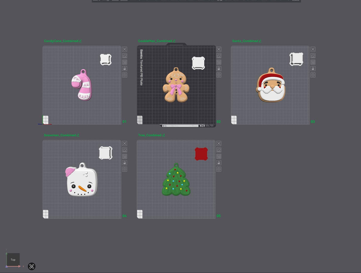 May include: A digital interface displaying five holiday-themed ornaments: a pink and white candy cane, a tan gingerbread person with a pink bow, a Santa Claus face, a white snowman with an orange nose, and a green Christmas tree with colorful dots.