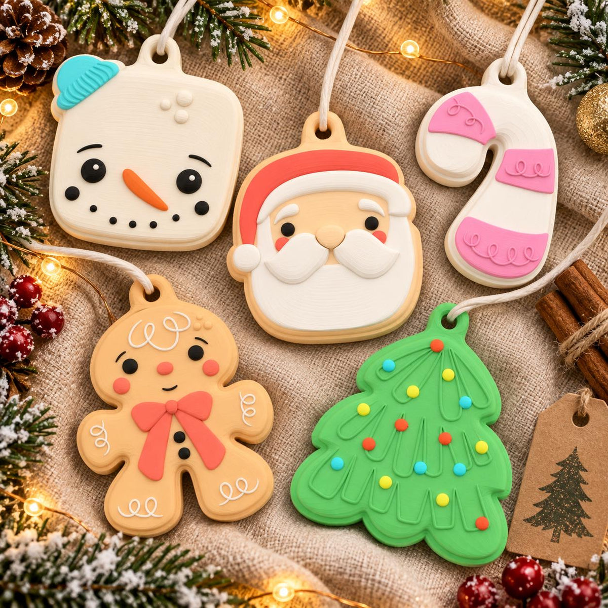 May include: A set of five silicone Christmas ornaments featuring a white snowman with a blue hat, a Santa Claus face, a pink and white candy cane, a tan gingerbread person with a red bow, and a green Christmas tree with colorful dot ornaments.