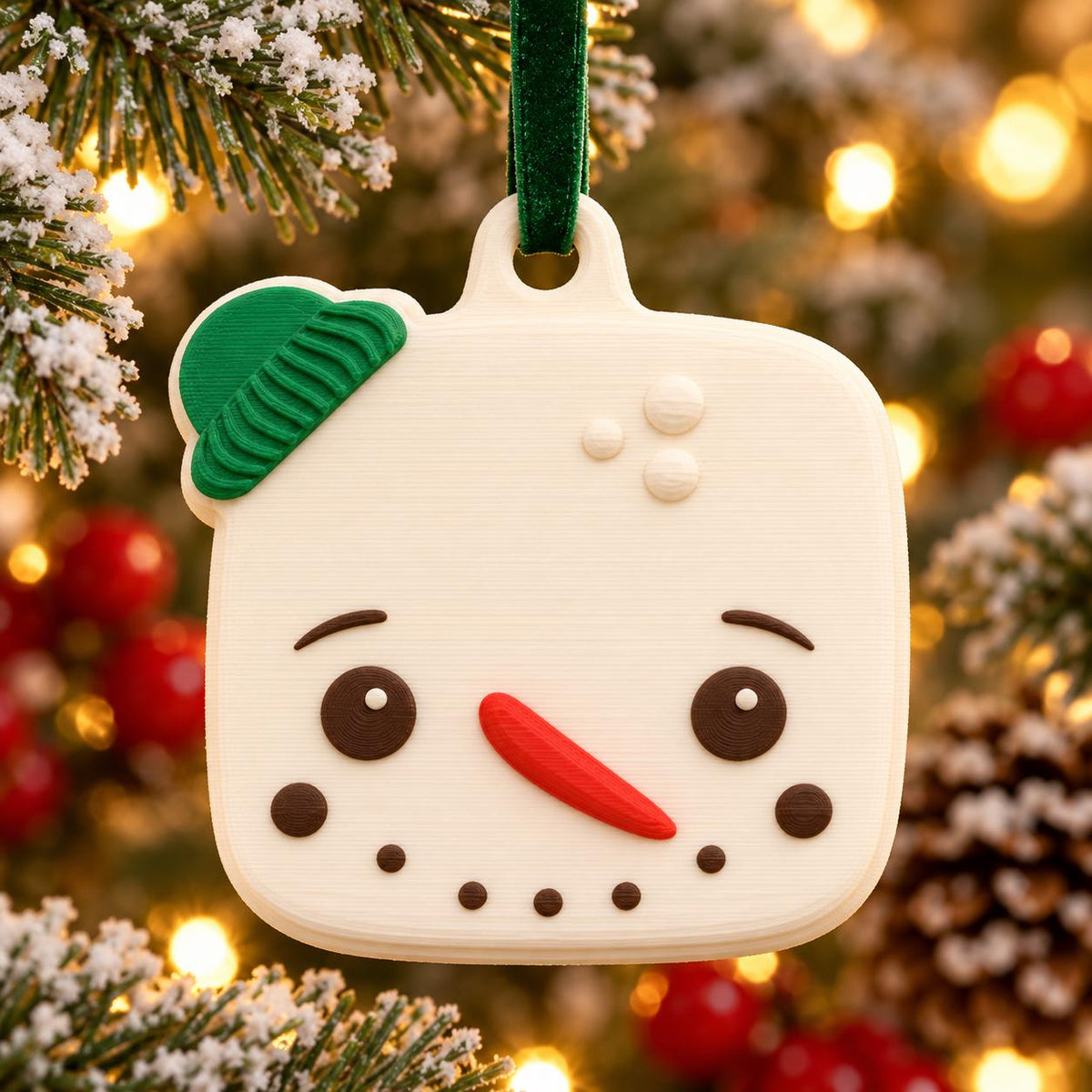 May include: A square-shaped white snowman ornament with rounded corners, featuring a green knit-style hat, dark brown eyes, a bright red carrot-shaped nose, and a dotted mouth. The ornament hangs from a dark green velvet ribbon loop.