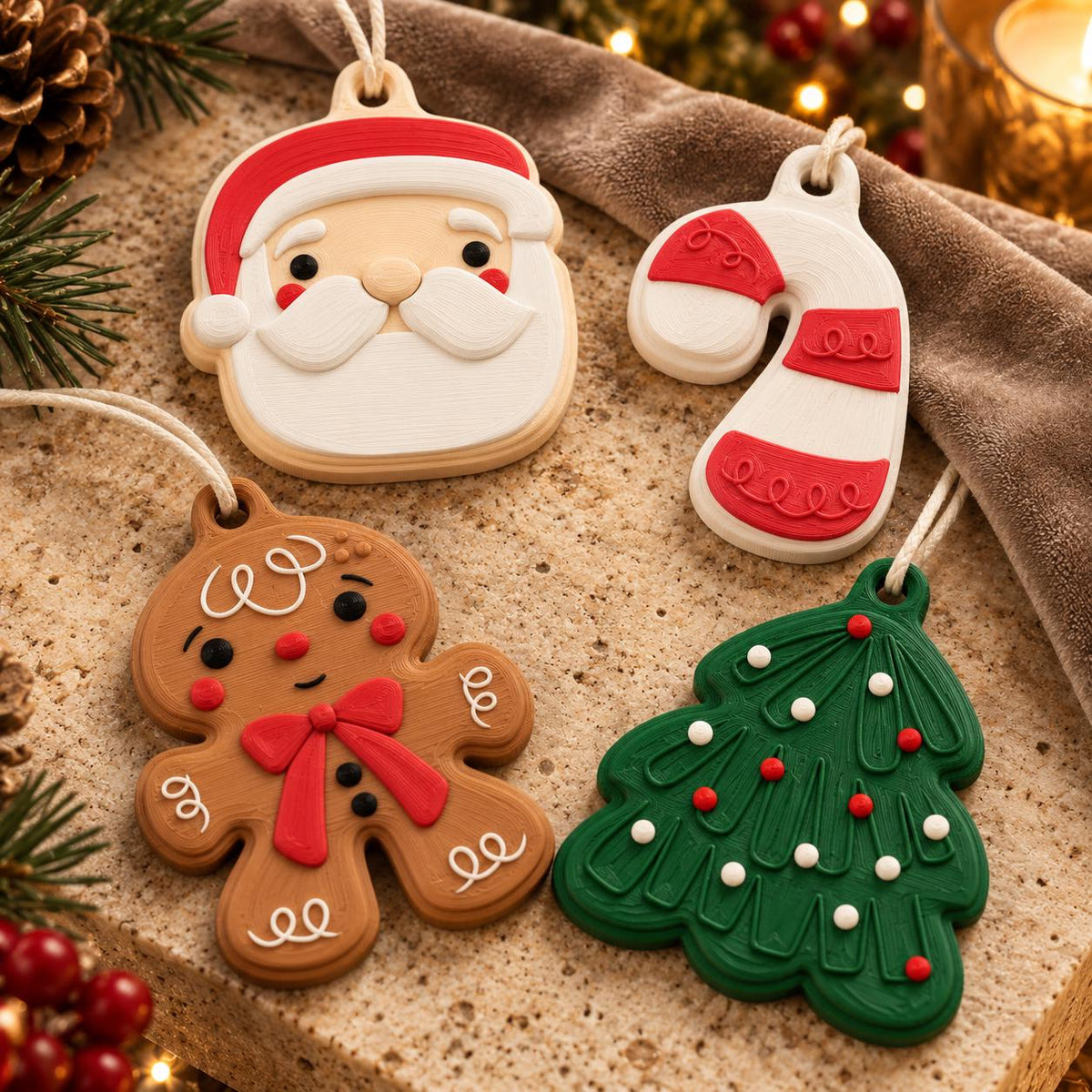 May include: Four Christmas tree ornaments featuring a Santa Claus face, a candy cane, a gingerbread person with a red bow, and a green pine tree. Each ornament is made of a smooth material, includes a white hanging string, and has raised details.
