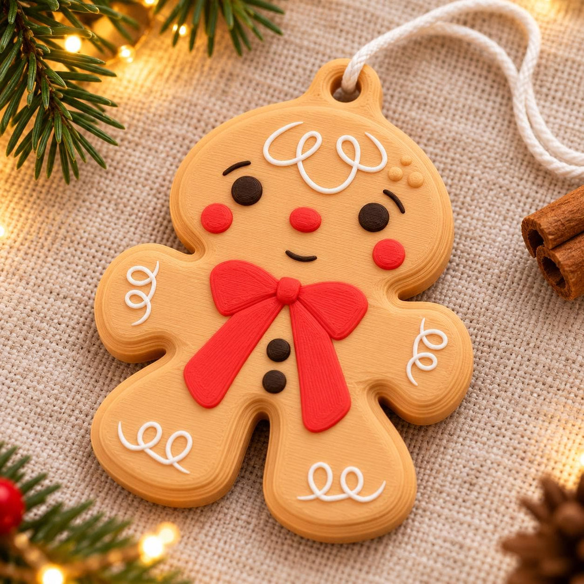 May include: A tan gingerbread person ornament with a red bow tie, two black buttons, and white icing details. The figure has a round head with black eyes, a red nose, and rosy cheeks. A white rope loop is attached to the top for hanging.