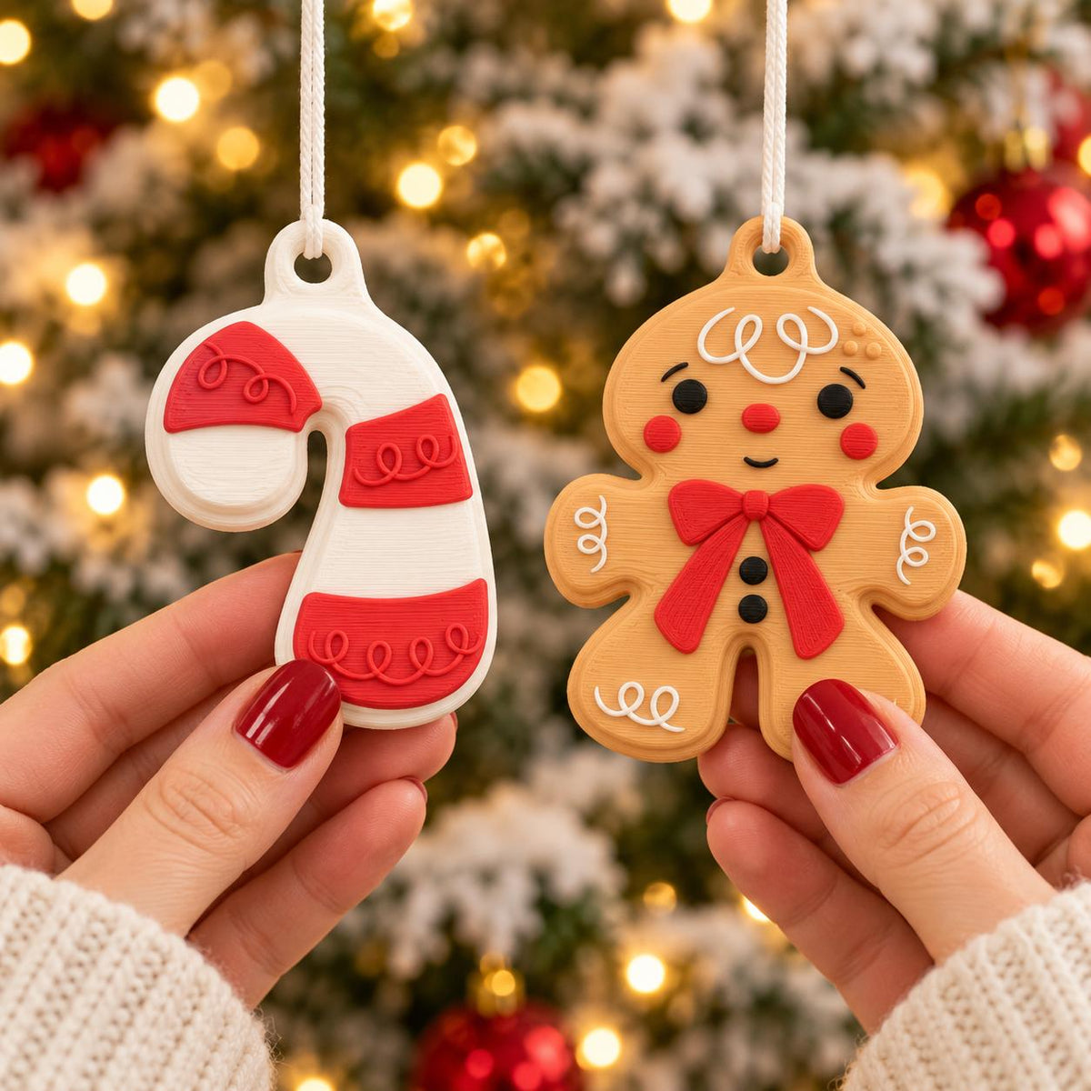 May include: Two hanging ornaments featuring a white candy cane with red stripes and a tan gingerbread person with a red bow tie, red cheeks, and white icing details. Each ornament has a small loop at the top with a white string for hanging.