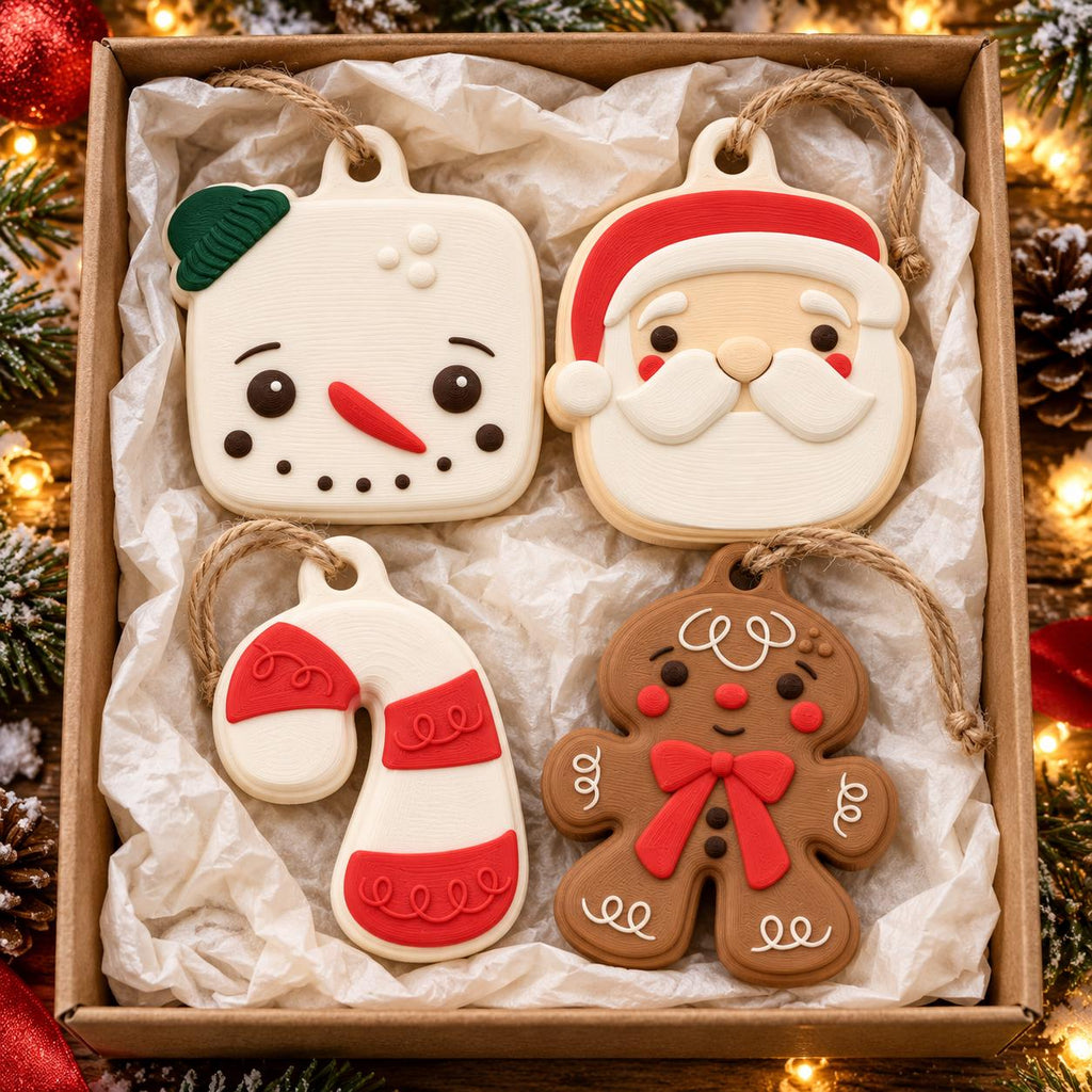 May include: A set of four Christmas-themed ornaments in a cardboard box, including a white snowman with a green hat, a Santa Claus face, a white and red candy cane, and a brown gingerbread person, each featuring a jute twine hanging loop.