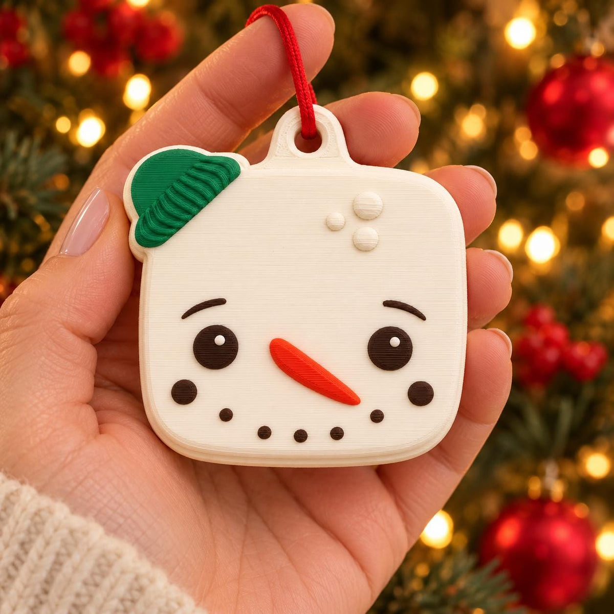 May include: A square-shaped white snowman ornament with rounded corners, featuring a green hat, black eyes, a bright orange carrot nose, and a dotted black mouth. The ornament has a small loop at the top with a red string for hanging.