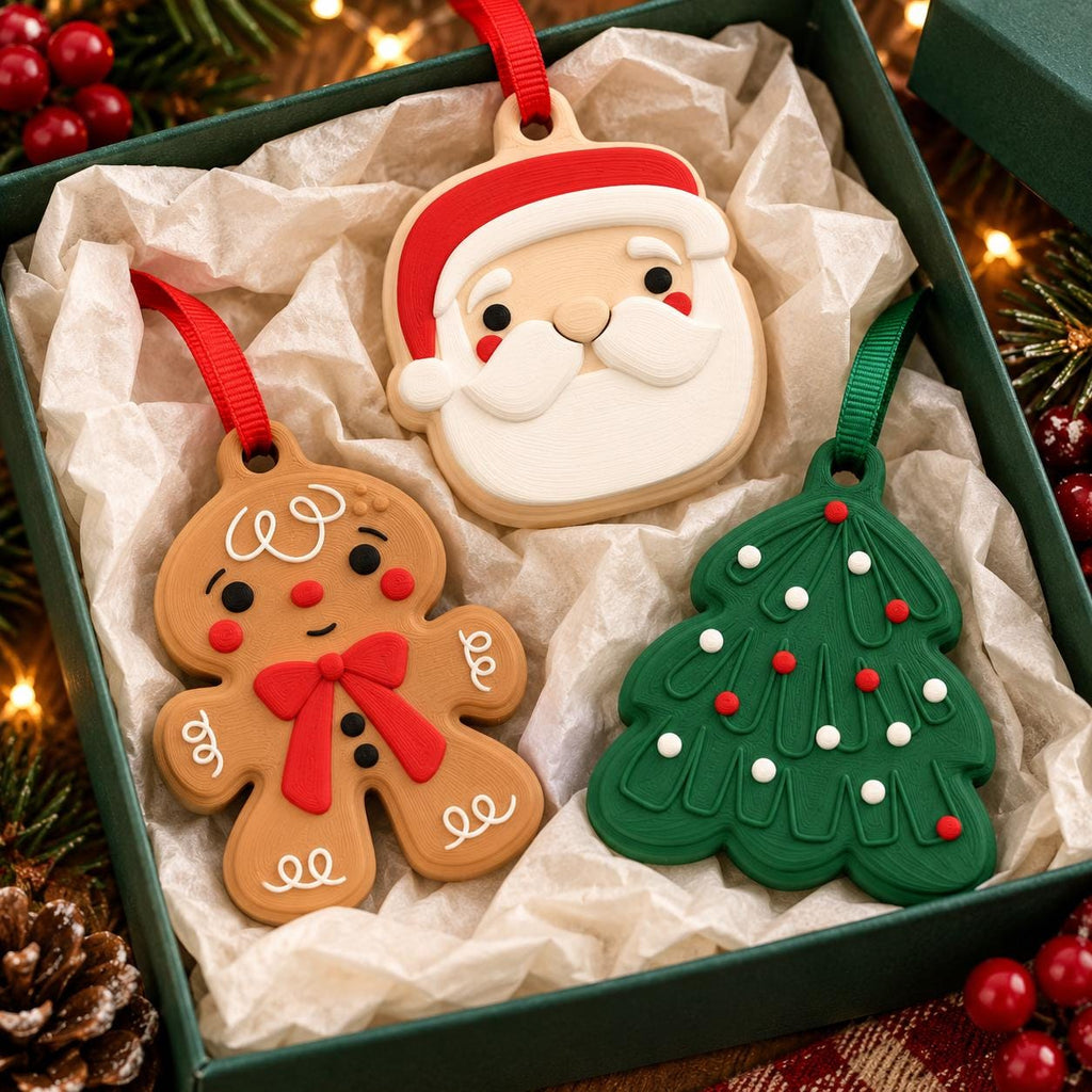 May include: Three Christmas ornaments shaped like a Santa Claus face, a gingerbread person, and a green pine tree. Each ornament features a colored ribbon loop for hanging and is presented inside a dark green box lined with white tissue paper.