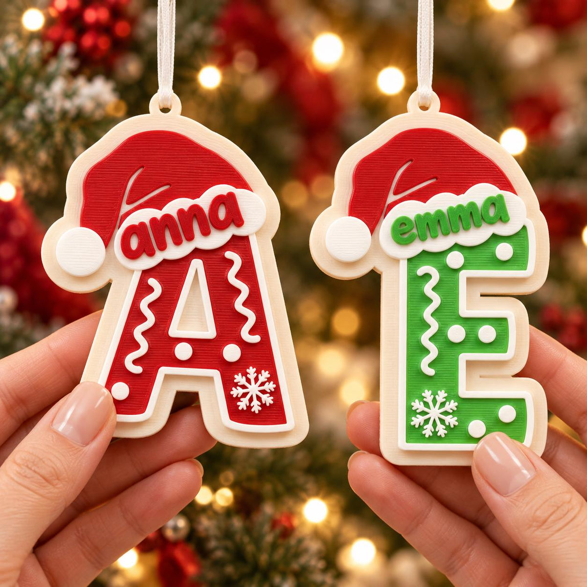 May include: Two custom Christmas ornaments shaped like the letters A and E, featuring red and green colors, white Santa hats, and the names Anna and Emma. Each letter is decorated with white snowflake and squiggle patterns and hangs from a white ribbon.