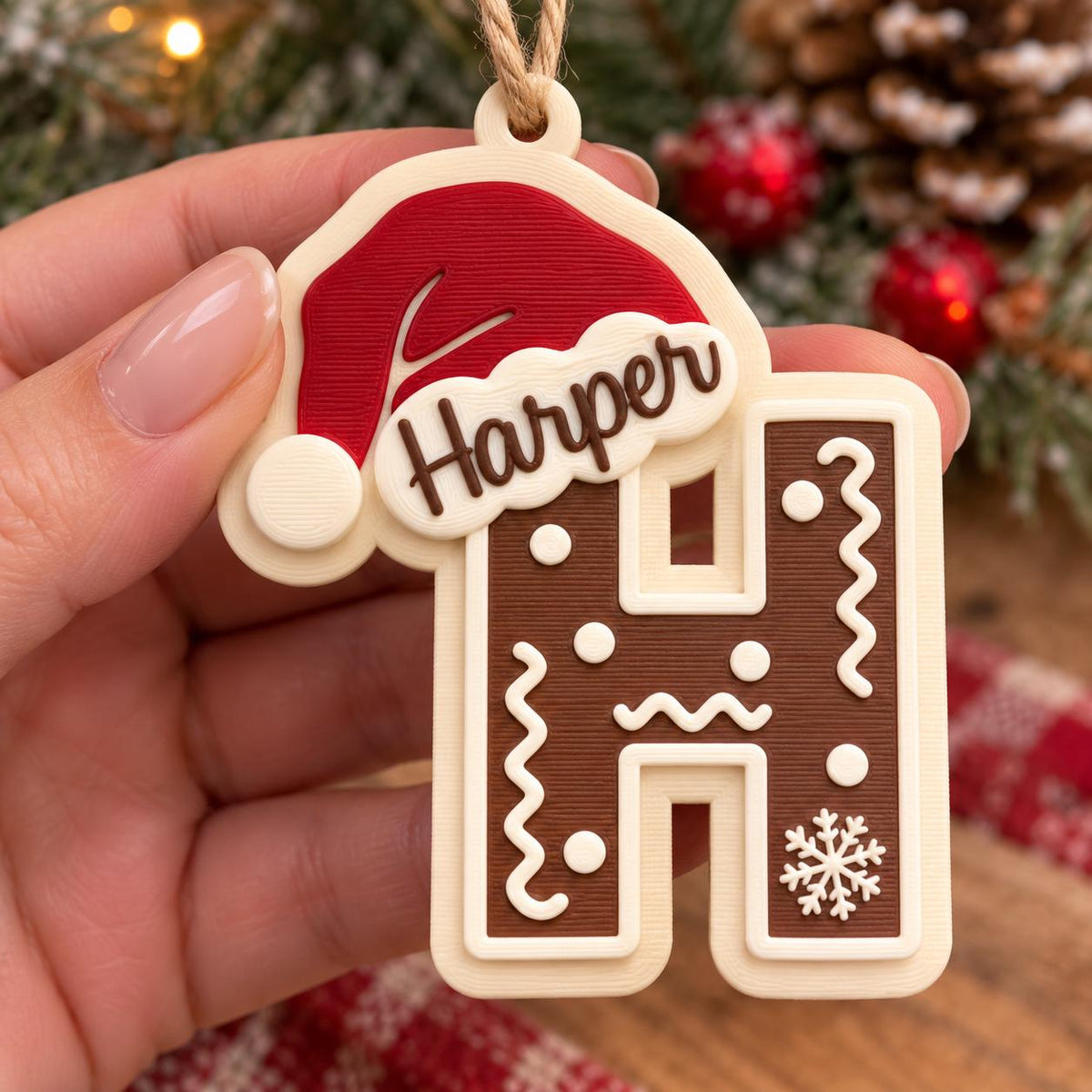 May include: A brown and cream-colored letter H ornament shaped like a gingerbread cookie, decorated with white icing dots, wavy lines, and a snowflake. A red Santa hat sits atop the letter, featuring the name Harper in brown script lettering.