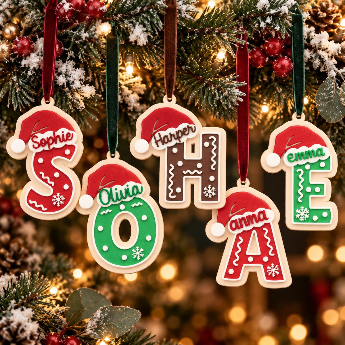 May include: Five hanging Christmas ornaments shaped as letters S, O, H, A, and E. Each letter features a red Santa hat, white snowflake accents, and a personalized name. The letters are colored in red, green, or brown and hang from velvet ribbons.