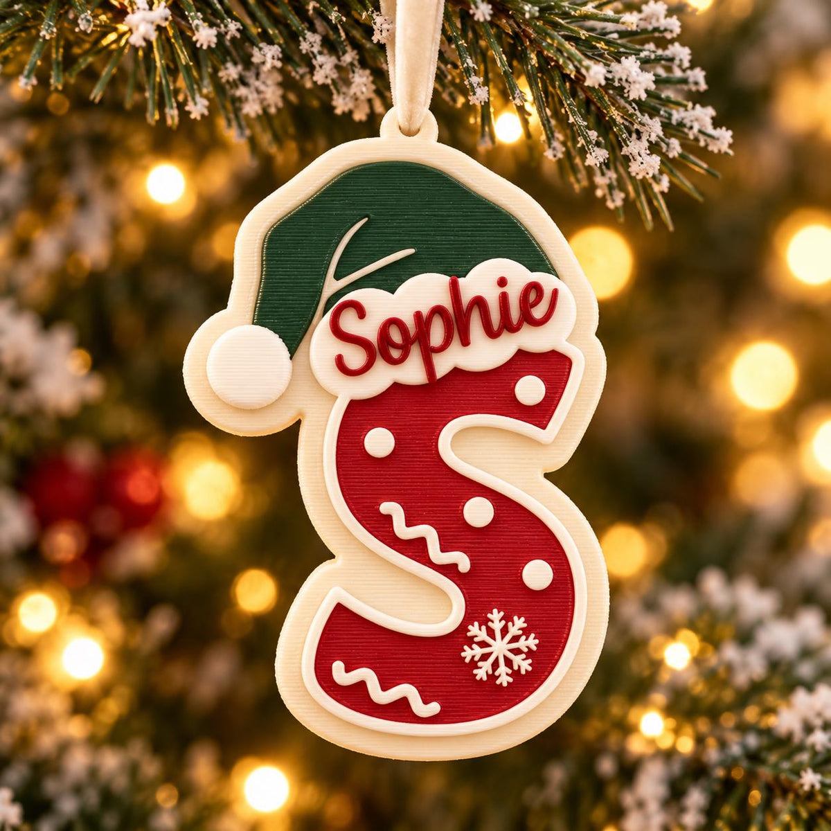 May include: A cream-colored Christmas ornament shaped like the letter S, featuring a dark green Santa hat with a white pom-pom. The letter is red with white polka dots, wavy lines, and a snowflake design. The name Sophie is written in red script.