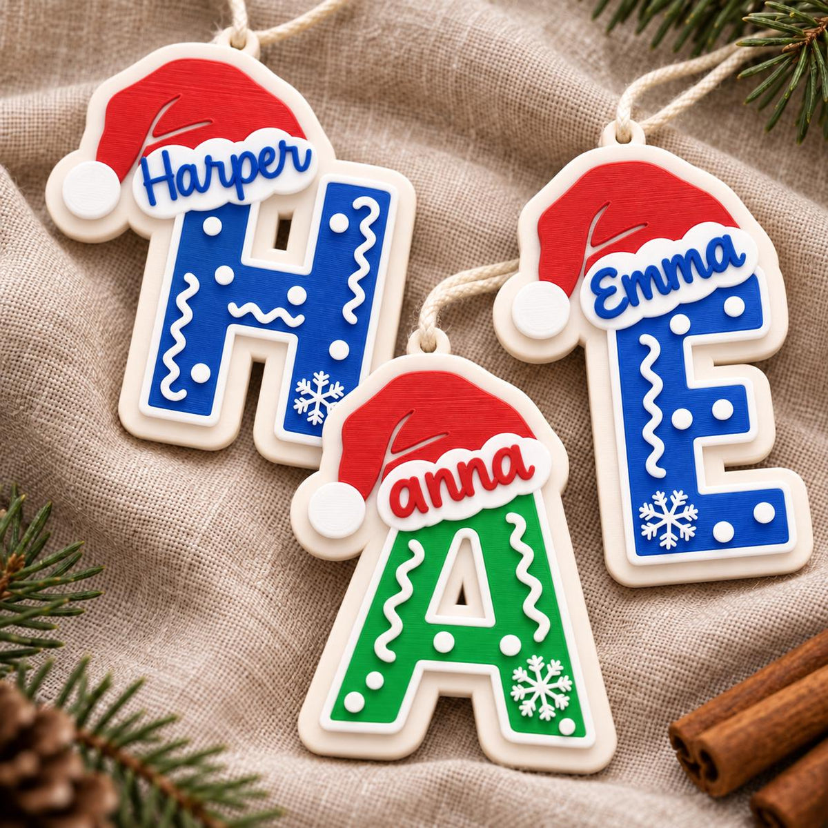 May include: Three personalized letter ornaments featuring the names Harper, Emma, and anna. Each letter is topped with a red and white Santa hat and decorated with white snowflake and squiggle patterns. The letters H and E are blue, while A is green.