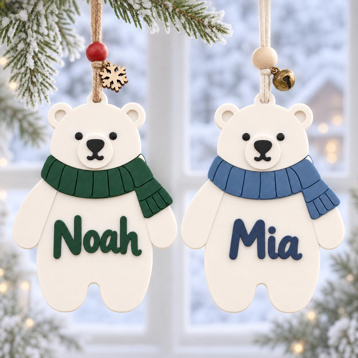 May include: Two white polar bear ornaments hanging by strings. The left bear wears a dark green scarf and has the name Noah in green. The right bear wears a blue scarf and has the name Mia in blue. Each features a small wooden bead and charm.