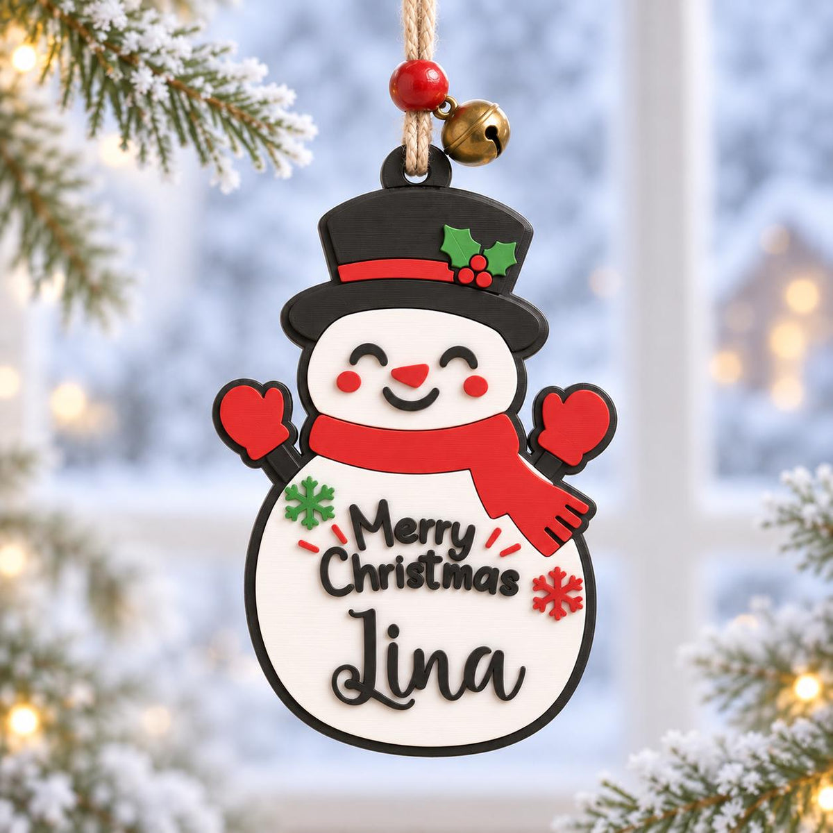 May include: A snowman ornament featuring a black top hat with holly, a red scarf, and red mittens. The white body displays the text Merry Christmas and the name Lina in black script, accented by a green snowflake and a red snowflake, hanging from a rope.