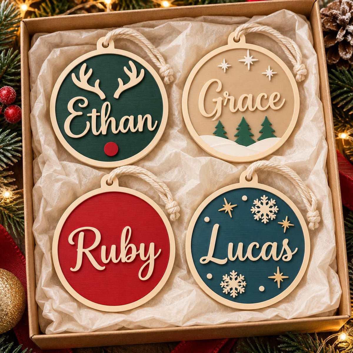 May include: Four circular wooden ornaments with white rope hangers, each featuring a name in script lettering. The ornaments display festive designs including reindeer antlers, pine trees, and snowflakes in red, green, beige, and blue colors.